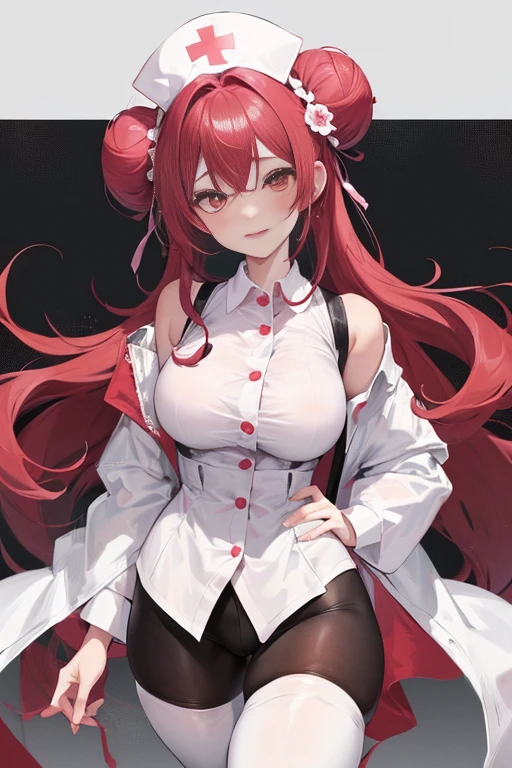 tmasterpiece、Need、1 female student、White cloth bun bun bun、Shoulder leakage、The chest is large、chubbiness、ssmile、Black suspender tights、lace leggings、pale pink lip、posing at school，（drenched all over the body），legs are open， 独奏, White polo shirt, looking at viewert,  (Thigh thick:1.0),Yazawa Nico,red eyes, face flushed,Blunt hair,both hands on hip，greet，Flower headdress，Nurse's uniform