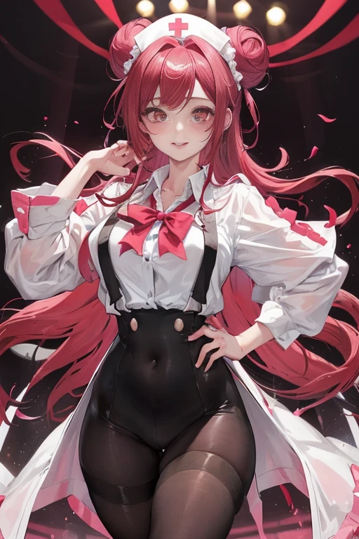 tmasterpiece、Need、1 female student、White cloth bun bun bun、Shoulder leakage、The chest is large、chubbiness、ssmile、Black suspender tights、lace leggings、pale pink lip、posing at school,(drenched all over the body),legs are open, 独奏, White polo shirt, looking at viewert, (Thigh thick:1.0),Yazawa Nico,red eyes, face flushed,Blunt hair,both hands on hip,greet,Flower headdress,Nurse's uniform