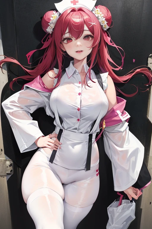 tmasterpiece、Need、1 female student、White cloth bun bun bun、Shoulder leakage、The chest is large、chubbiness、ssmile、Black suspender tights、lace leggings、pale pink lip、posing at school,(drenched all over the body),legs are open, 独奏, White polo shirt, looking at viewert, (Thigh thick:1.0),Yazawa Nico,red eyes, face flushed,Blunt hair,both hands on hip,greet,Flower headdress,Nurse's uniform