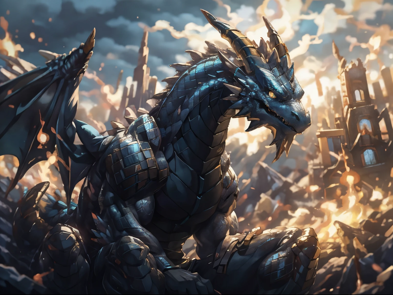 Portrait of a terrifying dragon sitting on a mountain、3/5 shots、hight resolution、masterpiece、foco nítido、lighting like a movie、Black magic style、dim colorire-breathing、Surrounded by smoke、Burning Forest、ruin city、Detailed chest depiction、detailed face depiction