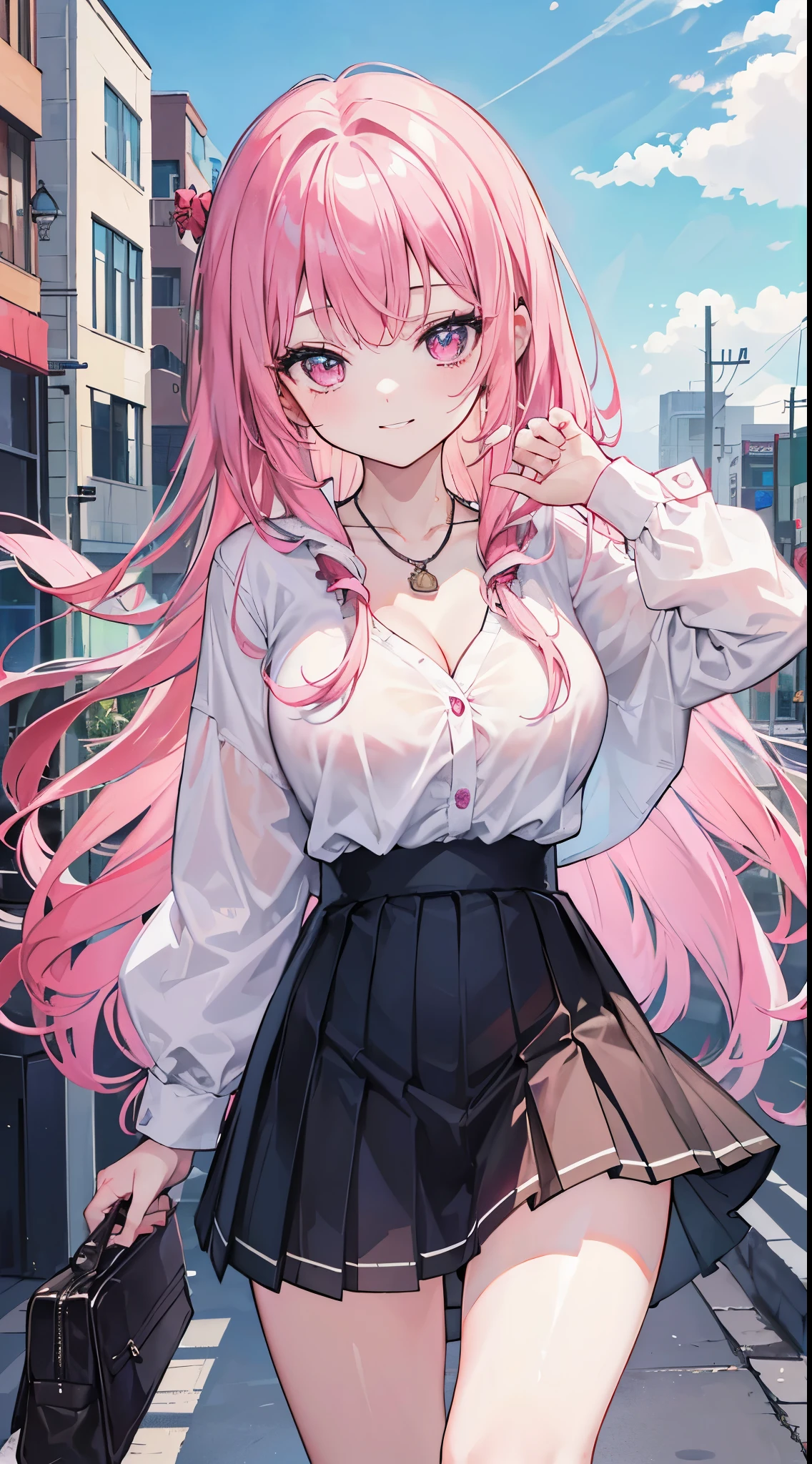(8K、Top image quality、top-quality、masterpiece)、A detailed face、1 girl in、A pink-haired、((long hair))、Pink eyes、耳环、grinning evily、large full breasts、white shirt、Roll up your arms、a necklace、((Removed button))、cleavage、Scrunchie on right wrist、Black Mini Pleated Skirt、thighs、cowboy shot、City background