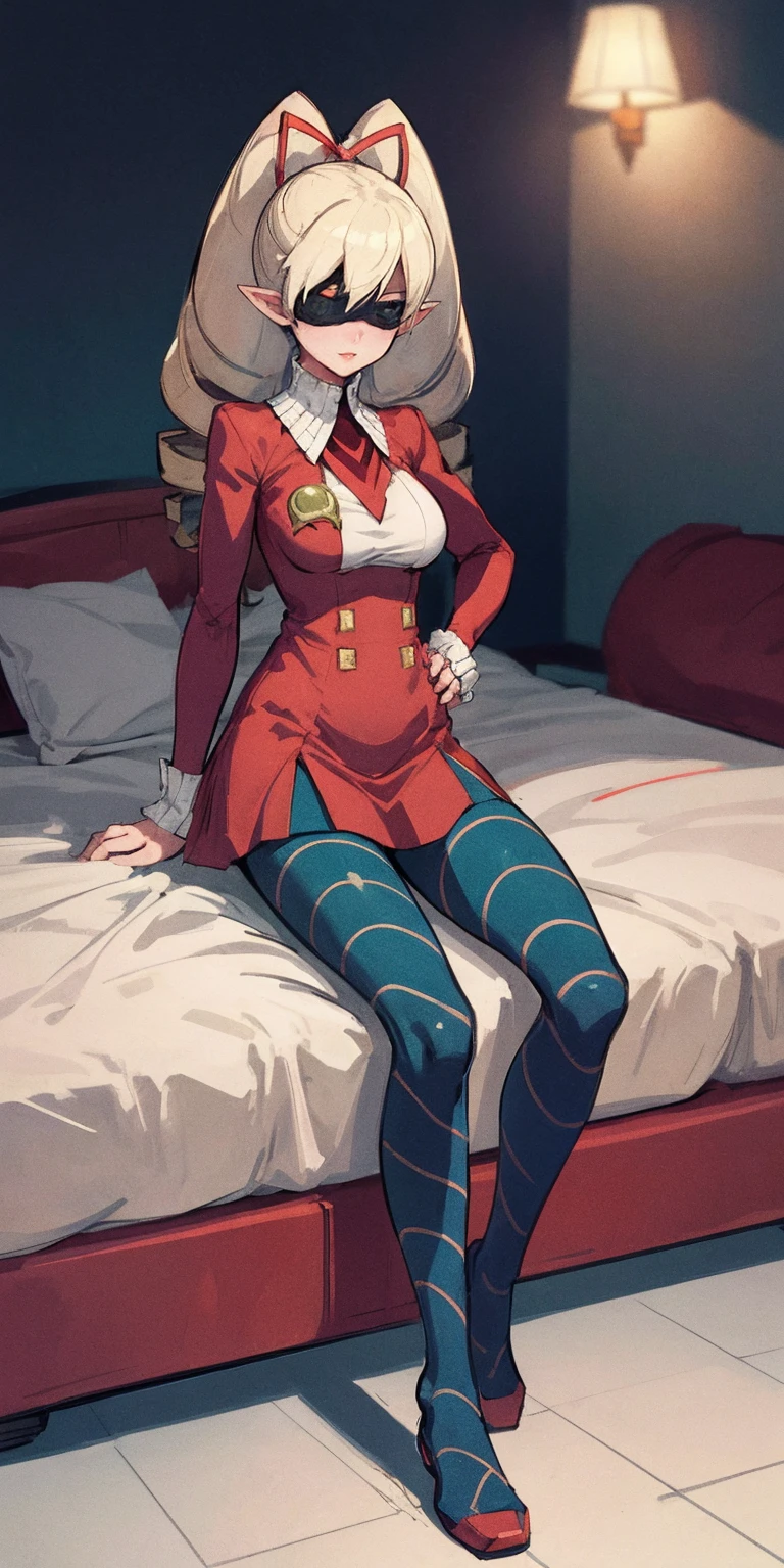 (masterpiece), (best quality), (ultra-detailed), line drawing, skindentation, (high resolution), cowboy shot, blindfold, blinfolded eyes, female big breast, full body, sitting on red sofa (shackles on legs and arms inside bed), (high quality, best rendering), (8k), sharp focus, highres, 1girl, drow, colored skin, dark elf, pointy ears, (high quality:1.2), (high detail:1.2), (masterpiece:1.2), (extremely detailed:1.2), hands on hips, twintails, twin drills, dress, blue pantyhose, striped pantyhose, Handcuffs on their hands, With a collar around the neck