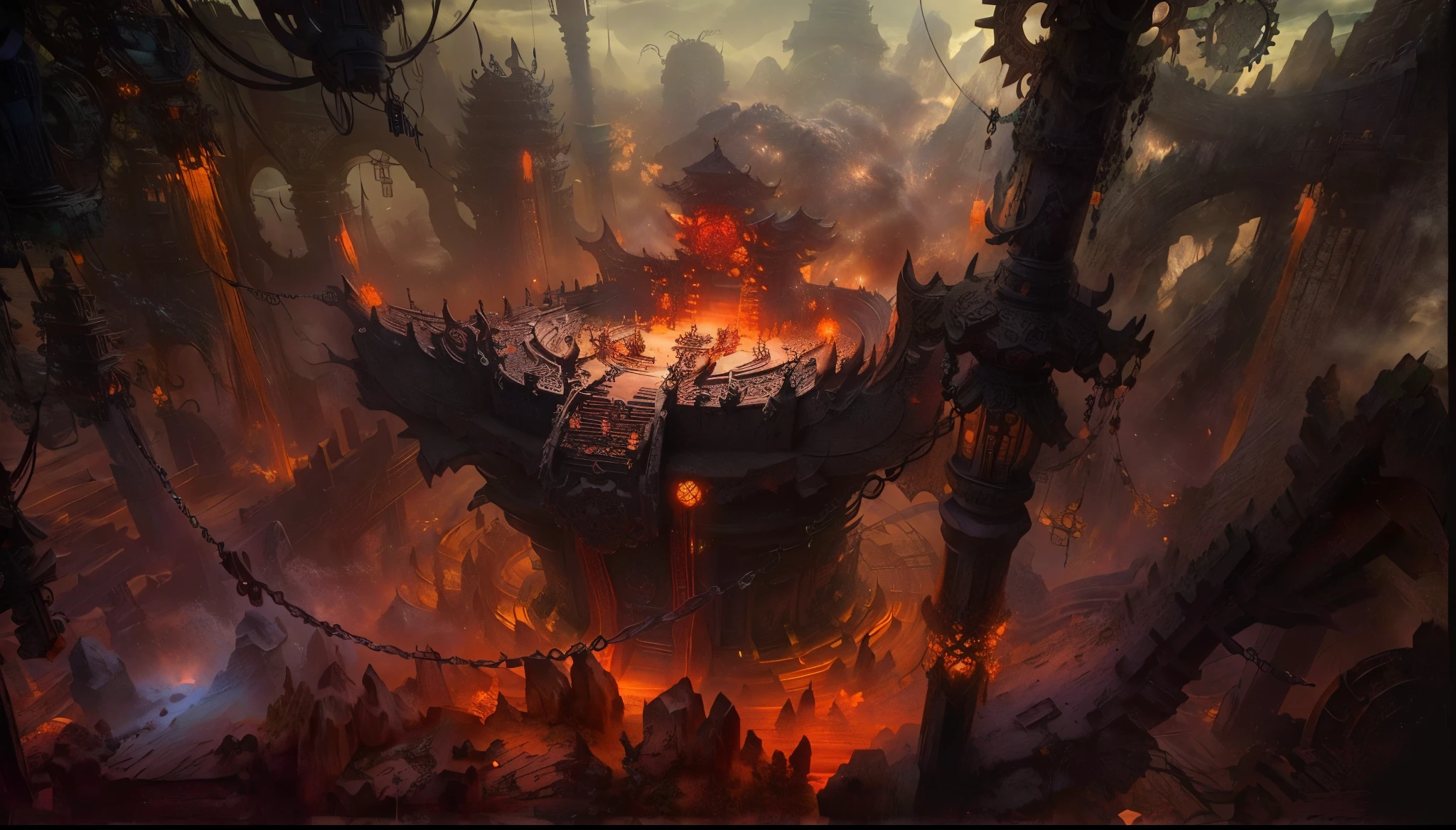 Chinese Fantasy Concept Art，nipple chain，stone pillar，Huge gears，Chinese hell scene，Chinese fantasy scene，