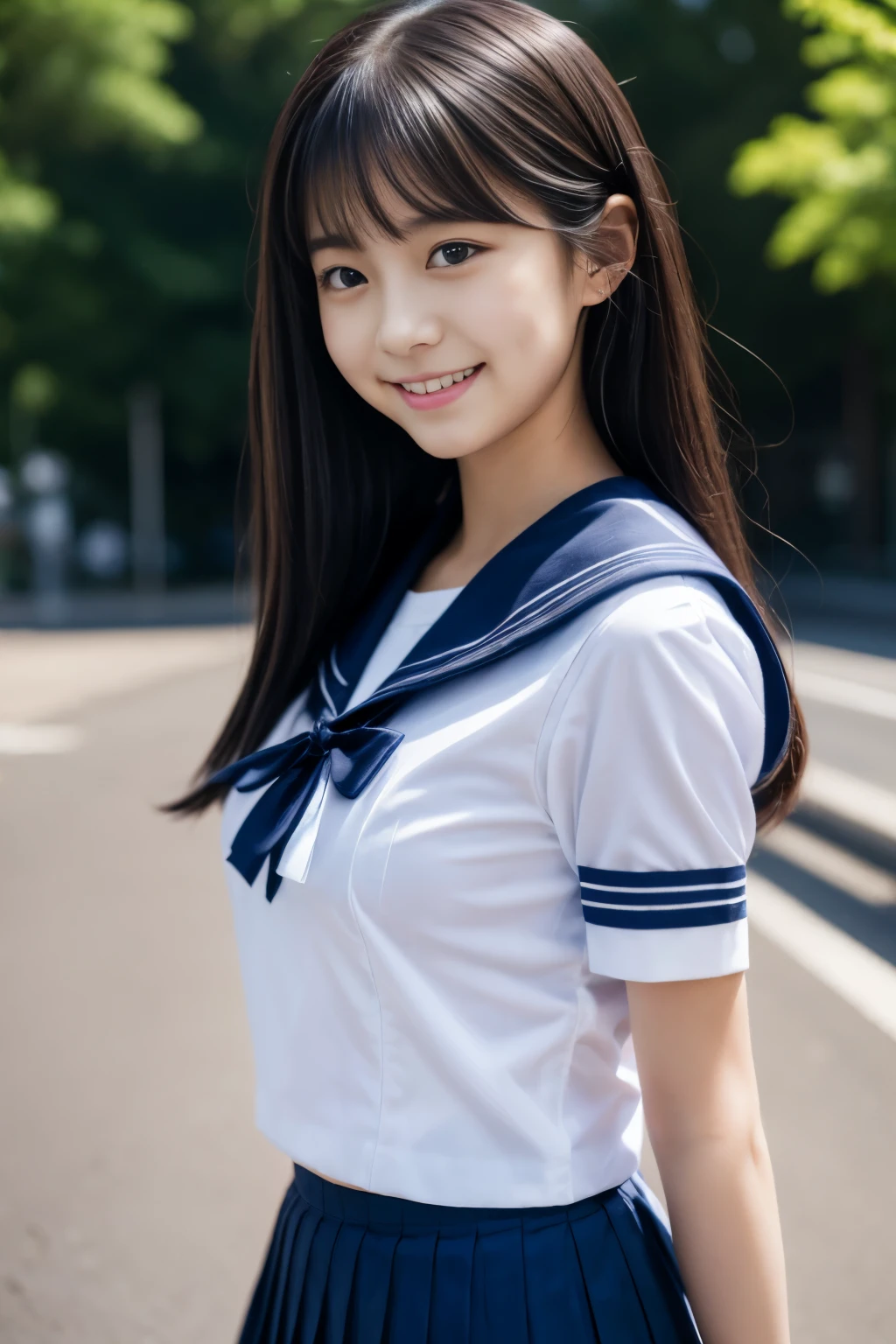 exemplary Japanese beauty、 Japan Person Model, 16-year-old female model,  4K、bangss、A dark-haired、poneyTail、Middle hair、bobhair、Straight hair、(Exposure、white  shirt, Sailor School Uniform, Dark blue pleated skirt:1.2),　(Super cute face in idol style:1.2)、City Street、Beautiful figure、full body Esbian、A smile、Gentle、