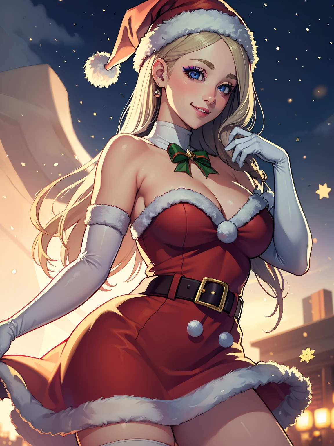 1girl, solo, masterpiece, best quality, high res, highly detailed, (illustration), beautiful detailed eyes, warMercedes ,glossy lips, makeup, smile, long white elbow gloves, cowboy shot, (santa), red santa dress, santa hat, strapless dress, white elbow gloves