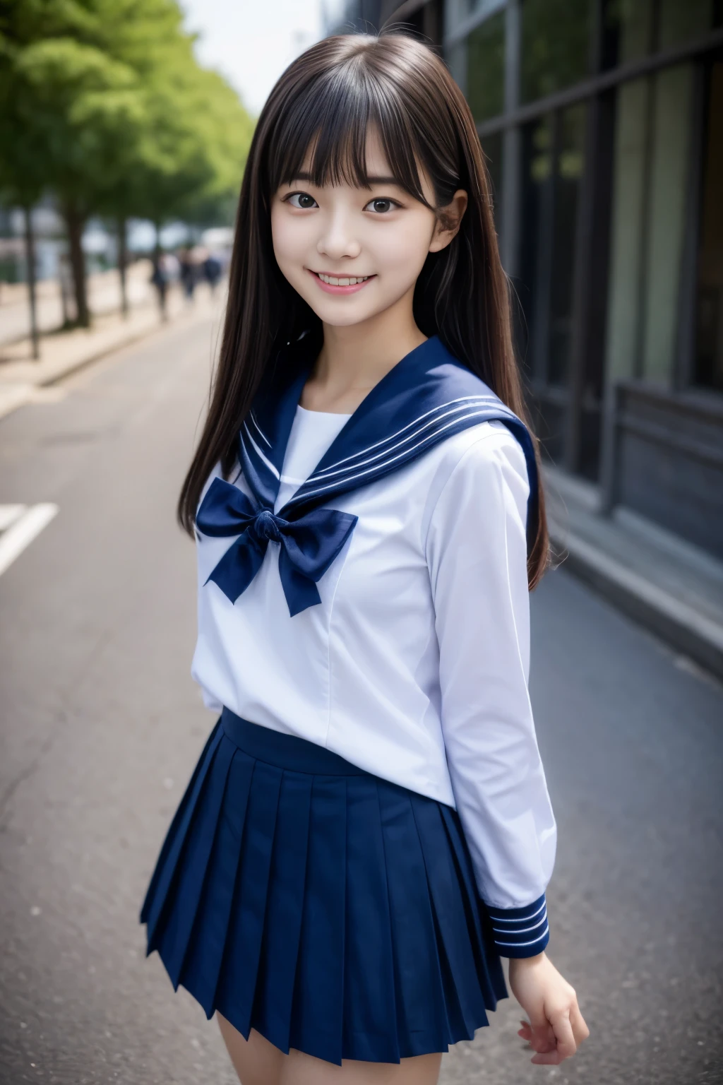 exemplary Japanese beauty、 Japan Person Model, 16-year-old female model,  4K、bangss、A dark-haired、poneyTail、Middle hair、bobhair、Straight hair、(Exposure、white  shirt, Sailor School Uniform, Dark blue pleated skirt:1.2),　(Super cute face in idol style:1.2)、City Street、Beautiful figure、full body Esbian、A smile、Gentle、