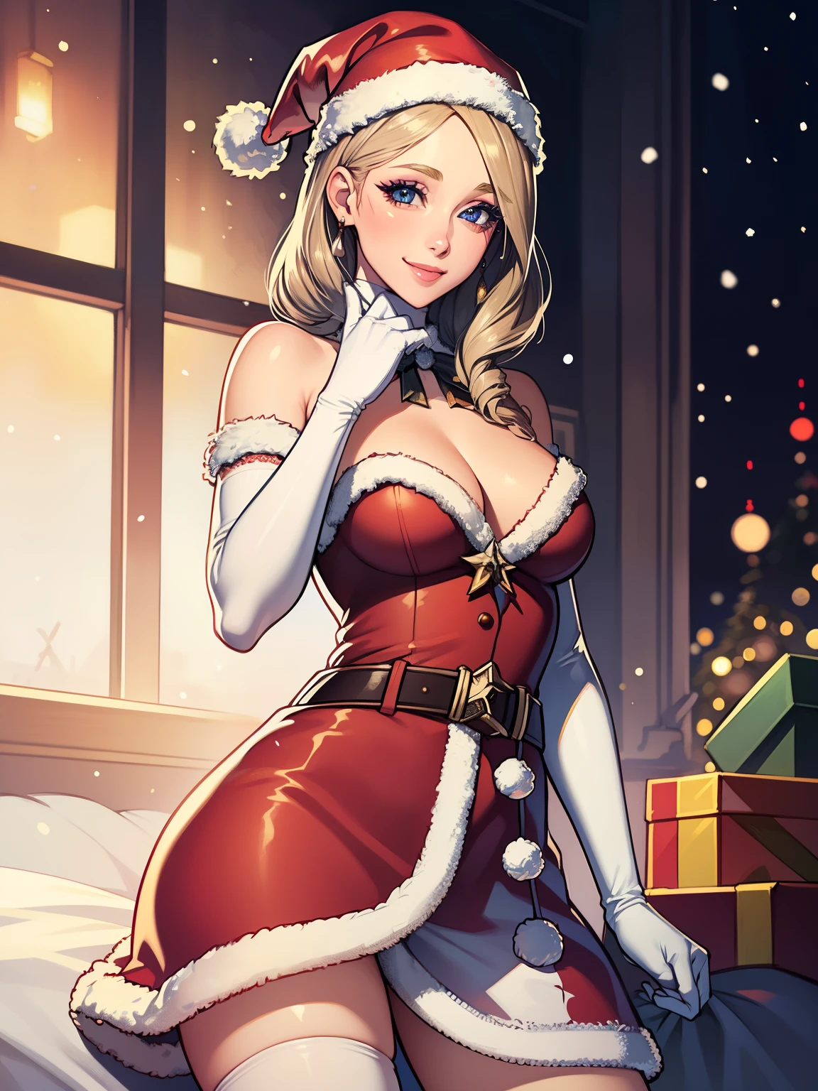 1girl, solo, masterpiece, best quality, high res, highly detailed, (illustration), beautiful detailed eyes, warMercedes ,glossy lips, makeup, smile, long white elbow gloves, cowboy shot, (santa), red santa dress, santa hat, strapless dress, white elbow gloves