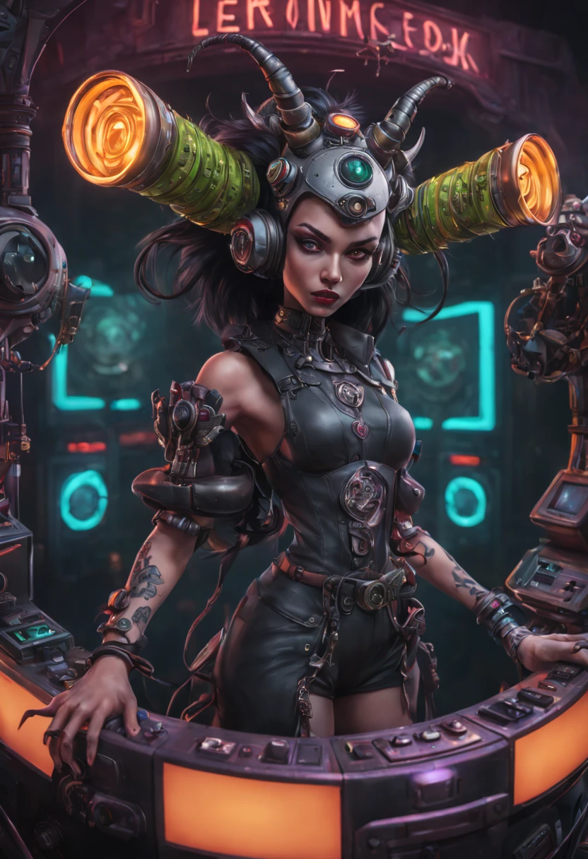 the demonic karma jukebox, Miroslava Sviridova, What a stink!, nvidia promotional image, cyberpunk, ominous, evil, stylized!, Moebius, Greg Rutkowski, Zabrocki, Karlkka, Jayison Devadas, Phuoc Quan, trending on Artstation, 8K, ultra wide angle, pincushion lens effect