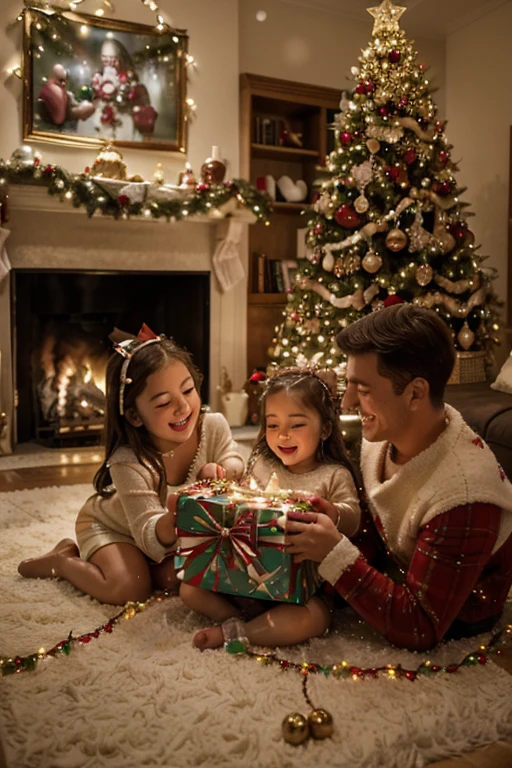 (best quality,highres,masterpiece:1.2),colorful,Christmas gift,golden wrapping paper,sparkling ribbons,big red bow,shimmering ornaments,magical glow,holiday spirit,joyful anticipation,surprise and delight,festive atmosphere,winter wonderland,shining lights,magical snowflakes,cheerful smiles,happy children,cuddly teddy bear,exquisite craftsmanship,enchanting decorations,lively celebration,warm fireplace,cozy living room,sweet treats,dancing sugar plums,merry melodies,delightful aroma,happiness and love,magical moments,wishes come true,peace and harmony,endless joy and laughter,memories to cherish,winter magic,sparkling starry night,family gathering,filled with blessings,celebrating togetherness,heartwarming moments full of love and happiness