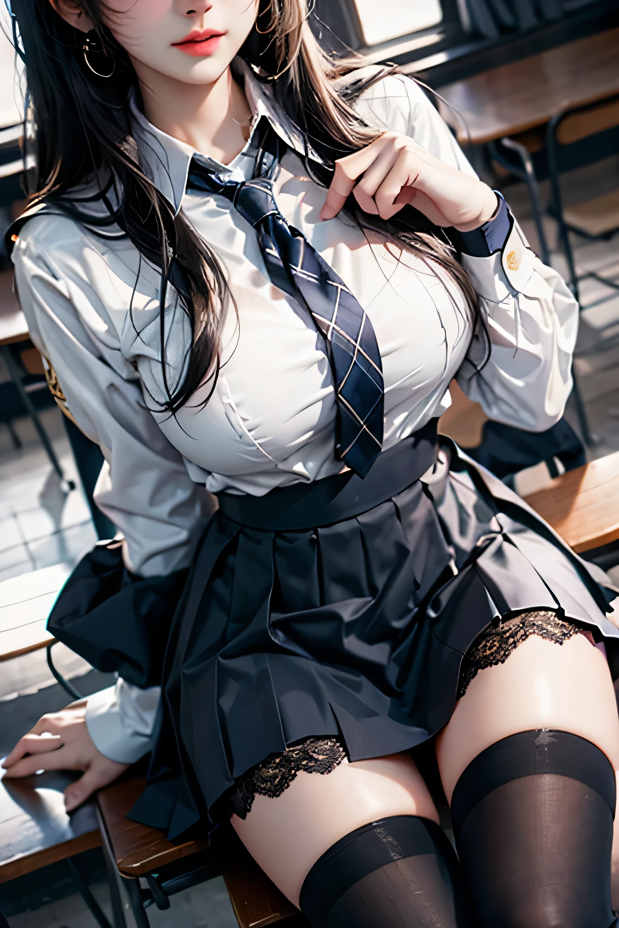 (( Female student sitting at desk with legs apart in classroom)),Charming eyes,Heartwarming action,Turn your face away from the camera,stooped,Bend over,turn back,Look up at your head,thick and long black hair,Highly detailed body,Highly detailed face,best qualtiy、(P boobs iNK underwear),(High School Girls),((White Blazer、emblem on breasts))、((Translucent blouse)),,((navy check flare skirt)),(Black stockings)、((White lace underwear is visible))