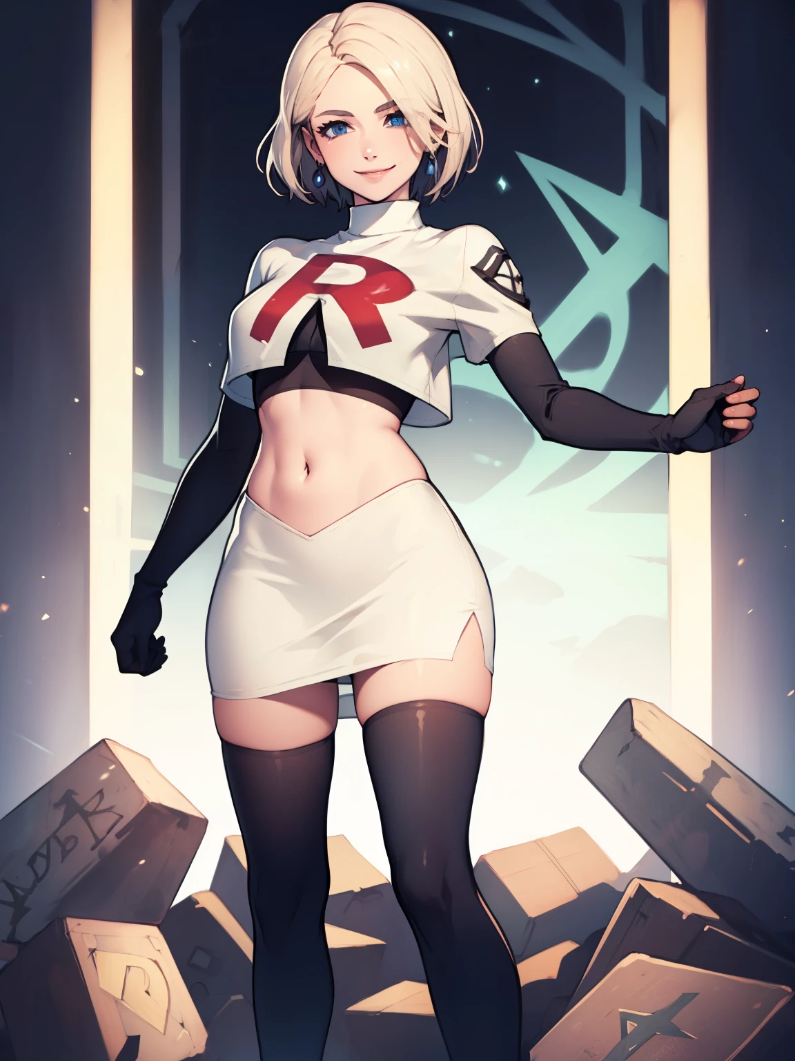 warMercedes, short hair ,glossy lips ,team rocket uniform, red letter R, white skirt,white crop top,black thigh-high boots, black elbow gloves, evil smile, looking at viewer, cowboy shot
