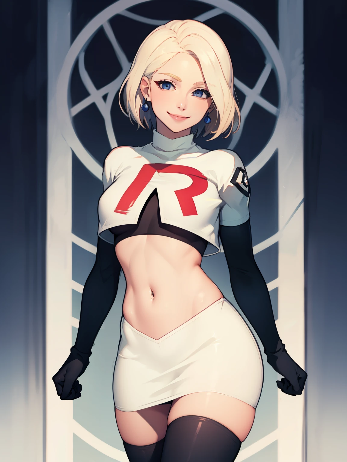 warMercedes, short hair ,glossy lips ,team rocket uniform, red letter R, white skirt,white crop top,black thigh-high boots, black elbow gloves, evil smile, looking at viewer, cowboy shot