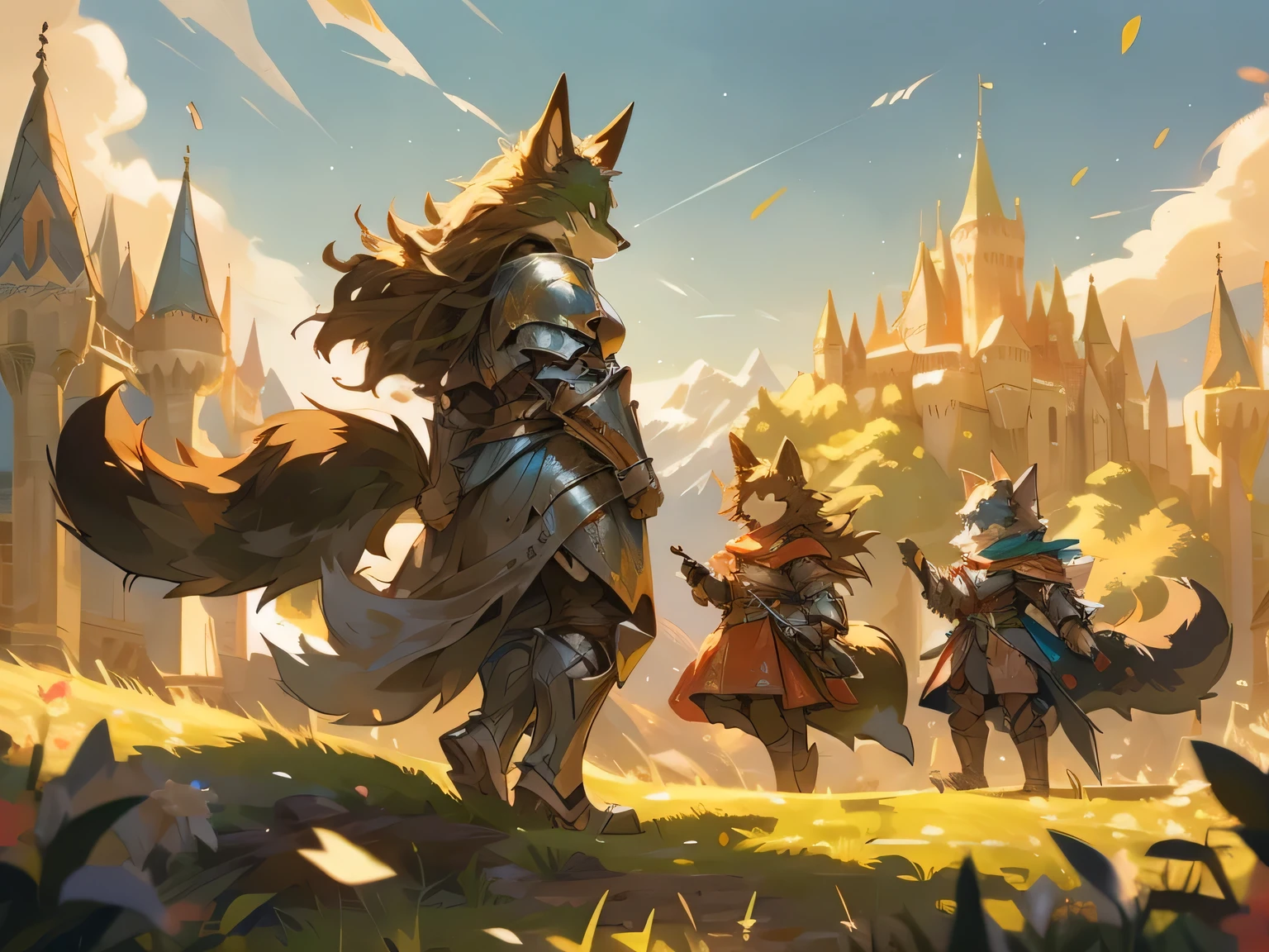 furry, wolf knight, fox wizard, cat bard, trio, castle, mountains, grass field, day, glistening armour, natural lighting, windy, proud, hard lighting, dynamic lighting, depth of field, warm colours, realistic, particles, twinkling