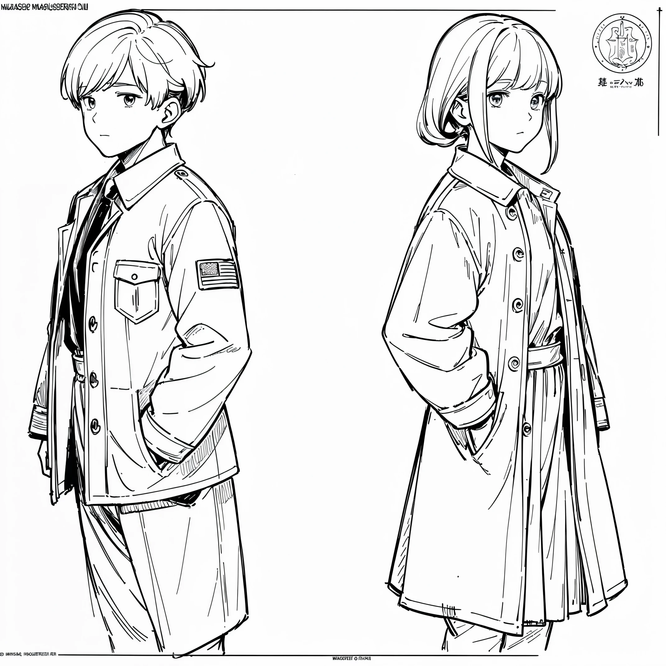 ((masterpiece)),(((best quality))),((((coloring)))),((full colour)),(character design sheet), same character, front, side, back), illustration, (boy & girl), hair color, bangs, hairstyle fax, (veteran style), (simple background, white background: 1.3), --6