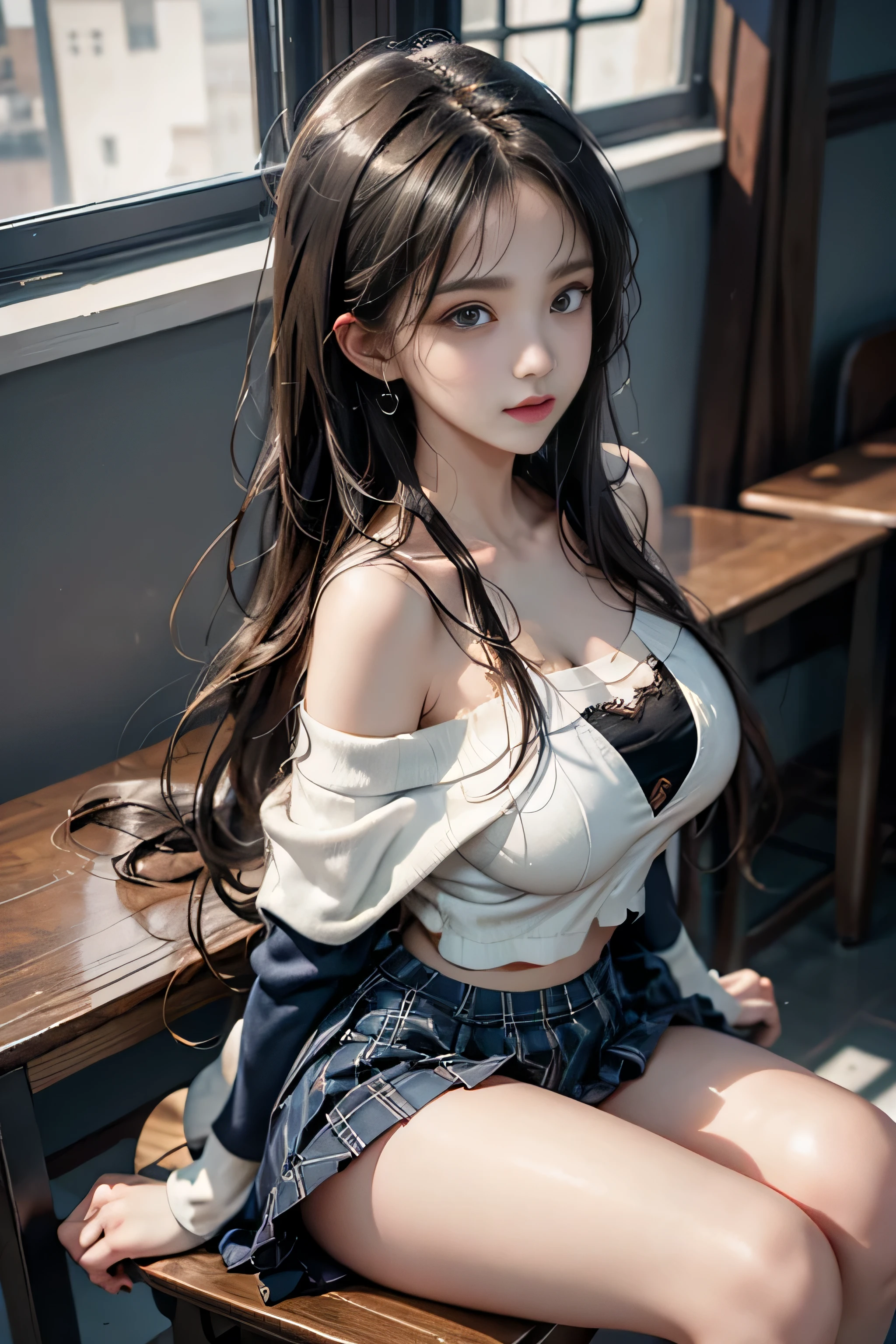 photorealisim、top-quality、超A high resolution、a picture、Photo of an exquisitely beautiful Nordic-born girl、Extraordinary beautiful girl、Highlights of cheek luster、Detailed cute and beautiful face、(pureerosface_v1:0.008)、Beautiful bangs、18year old、Neat and clean woman、1 persons、Glowing white shiny skin、Bangs between the eyes、shiny and beautiful hair、Silky hair、finer hair、High-definition eyes、Beautiful, Bright and clear, Large green-gray eyes shine charmingly、eye liner、Double eyelids、Full body like、dismay、red blush、embarrassed from、glares、White underwear、Exposed cleavage、full of sweat、Masturbation behavior、open one's legs、Open knees、Open your crotch、(High School Uniform:1.8)、After-school classroom、Sitting on a desk、cinematric light、
