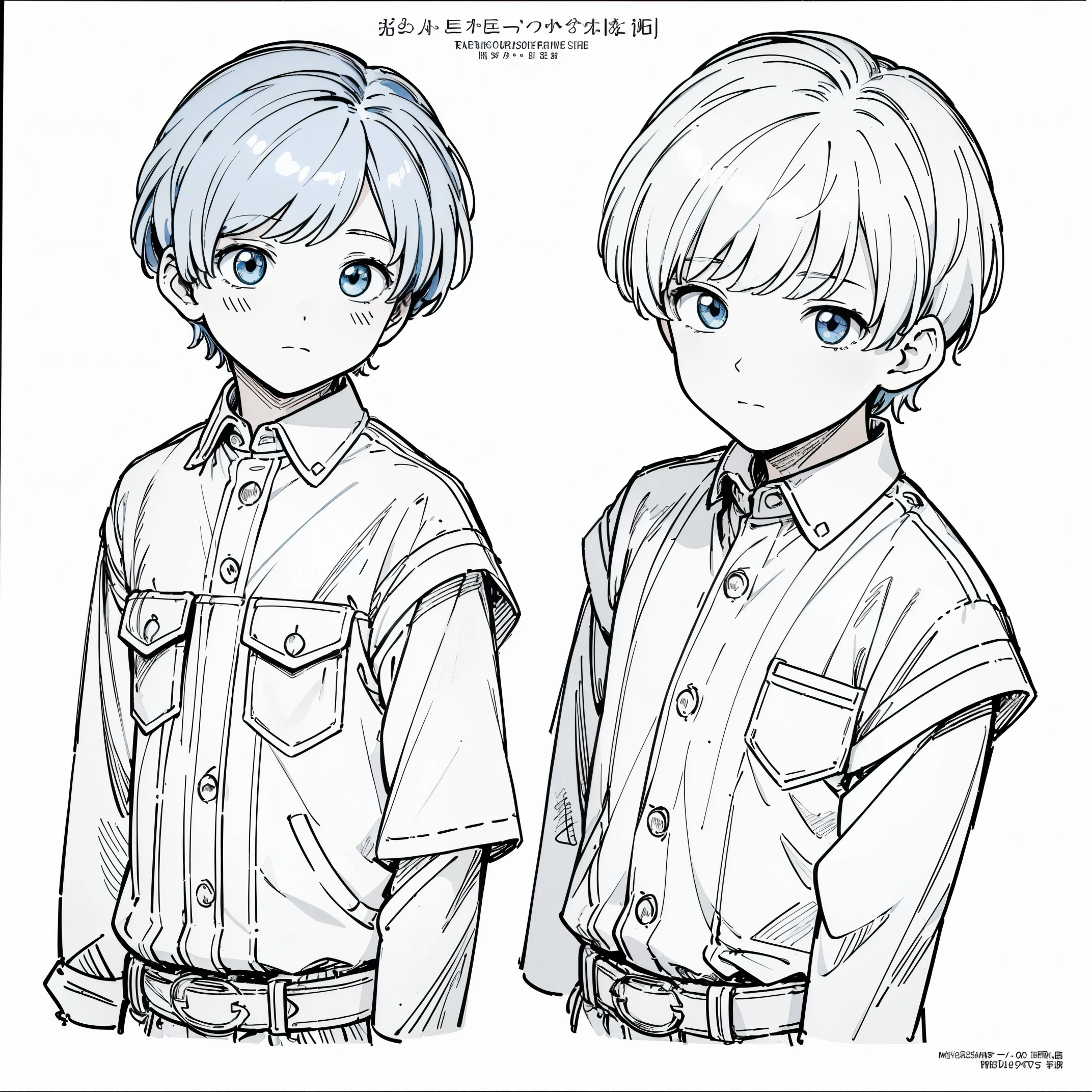 ((masterpiece)),(((best quality))),((((coloring)))),((full colour)),(character design sheet), same character, front, side, back), illustration, (2 boy), hair color, bangs, hairstyle fax, (veteran style), (simple background, white background: 1.3), --6