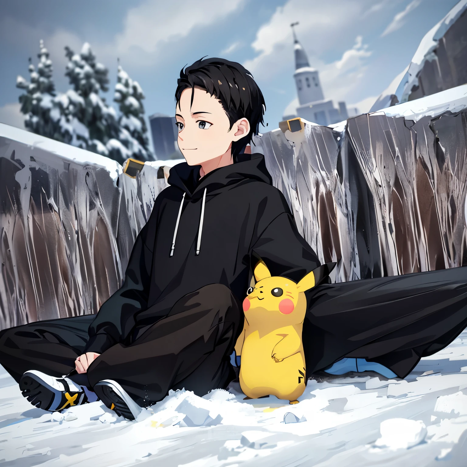anime style boy wearing black hoodie and black pant sitting on ground with Pikachu, black eyes and black haired anime boy, happy expression, snowy day in winter, winter and snow in background