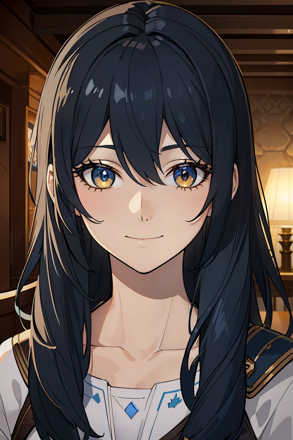 (high-quality, breathtaking),(expressive eyes, perfect face) portrait, 1girl, female, solo, adult woman, age late 20's, black hair, yellow golden eye color, medium hair length, soft wavy hair, gentle smile, side bangs, looking at viewer, portrait, happy expression, fantasy clothing, blacksmith, blacksmith clothing, blacksmith profession, elegant, mature, height 5"6, tied back hair, blue lighting in hair, stylized hair, blue lighting in hair