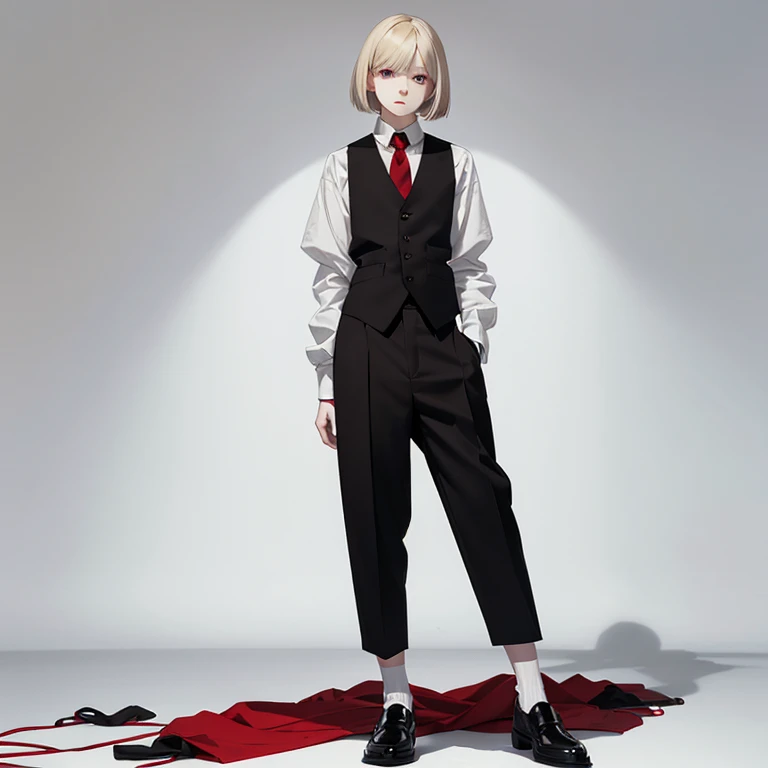 full body,from back,standing,(White background),(solo 15 years old pale skin Boy),blond long bob cut,red eyes,(black vest),(white shirt),(black pants),(brown loafers),
