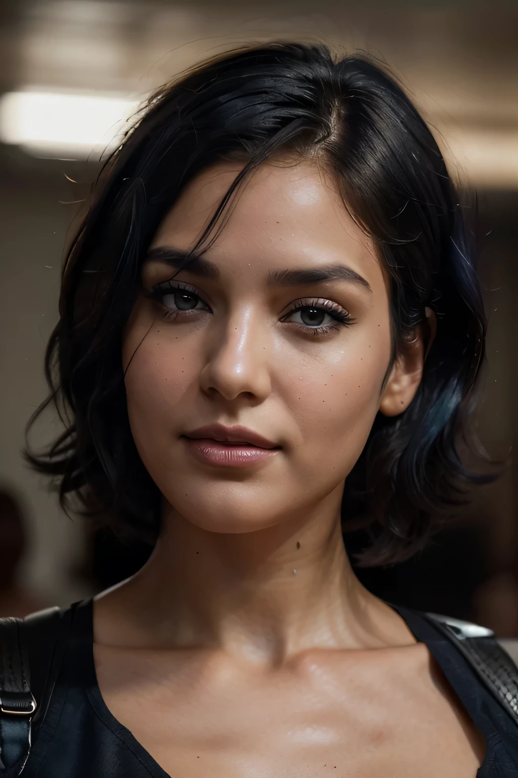 Breathtaking cinematic photo of a 30 year old girl with dark blue hair and brown eyes, happy, cheerful expression, closed mouth, beautiful lips, intricate details, shallow depth of field, highly detailed, high budget, epic Hollywood film, gorgeous, masterpiece, award-winning, professional, highly detailed, detailed skin texture, (blush: 0.5), (goosebumps: 0.5). (the most beautiful woman in the world) (dark blue hair) (short curly hair, wild hair, stylish cut) thin face, thin nose, beautiful, very beautiful, perfect face, slender body (slender), (brown hair) (brown eyes ) (white skin) Beautiful body, western face, predatory eyes, pink lips, thick thighs. full body, western beauty, thin nose, beautiful, perfect, ((best quality)), ((ultra resolution)), ((photorealistic: 1.4)), (intricate details), perfect face, makeup: 1.5 , clear face, facial details. front view ((uniform, tactical costume, agent costume, spy)) under nose ring