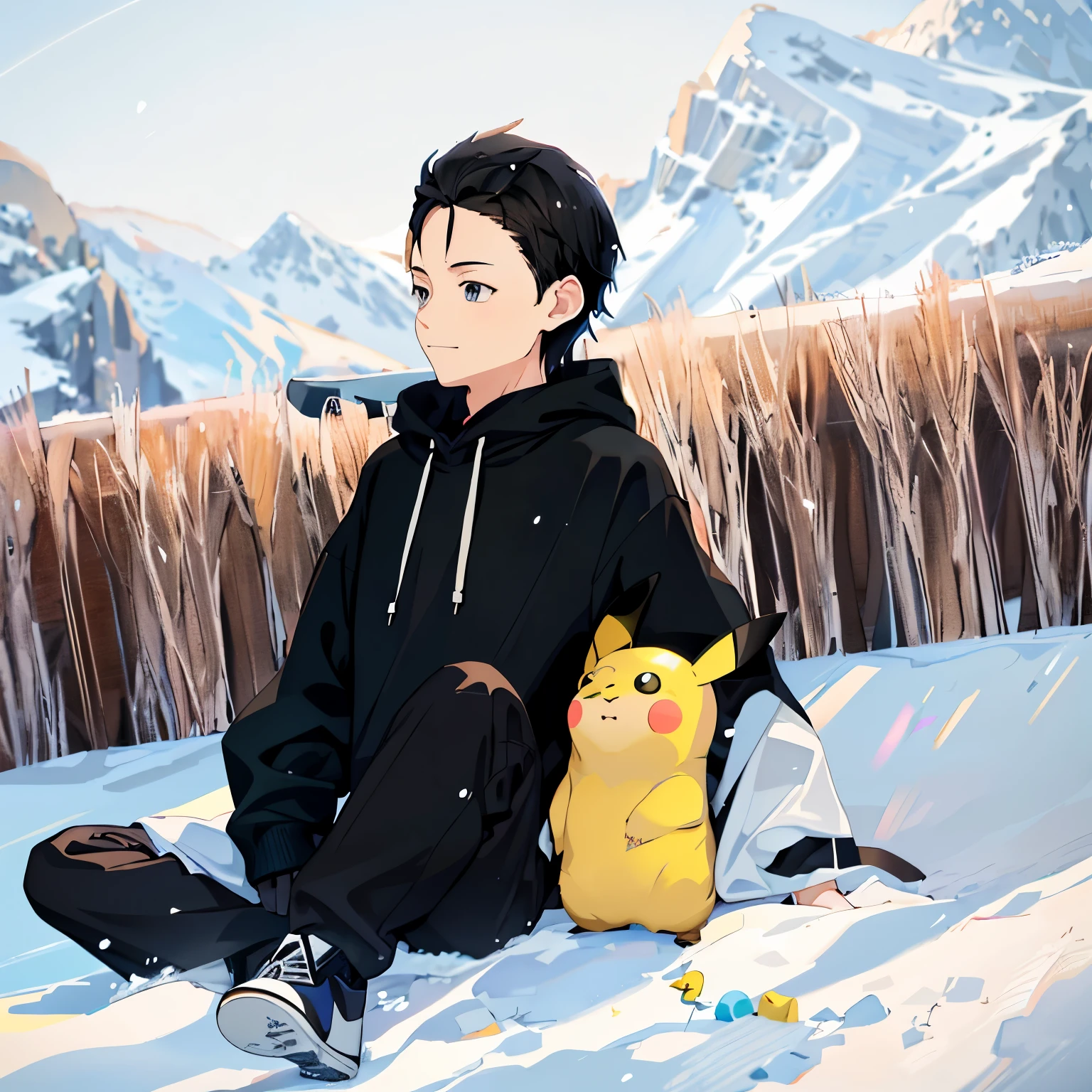 anime style boy wearing black hoodie and black pant sitting on ground with Pikachu, black eyes and black haired anime boy, happy expression, snowy day in winter, winter and snow in background