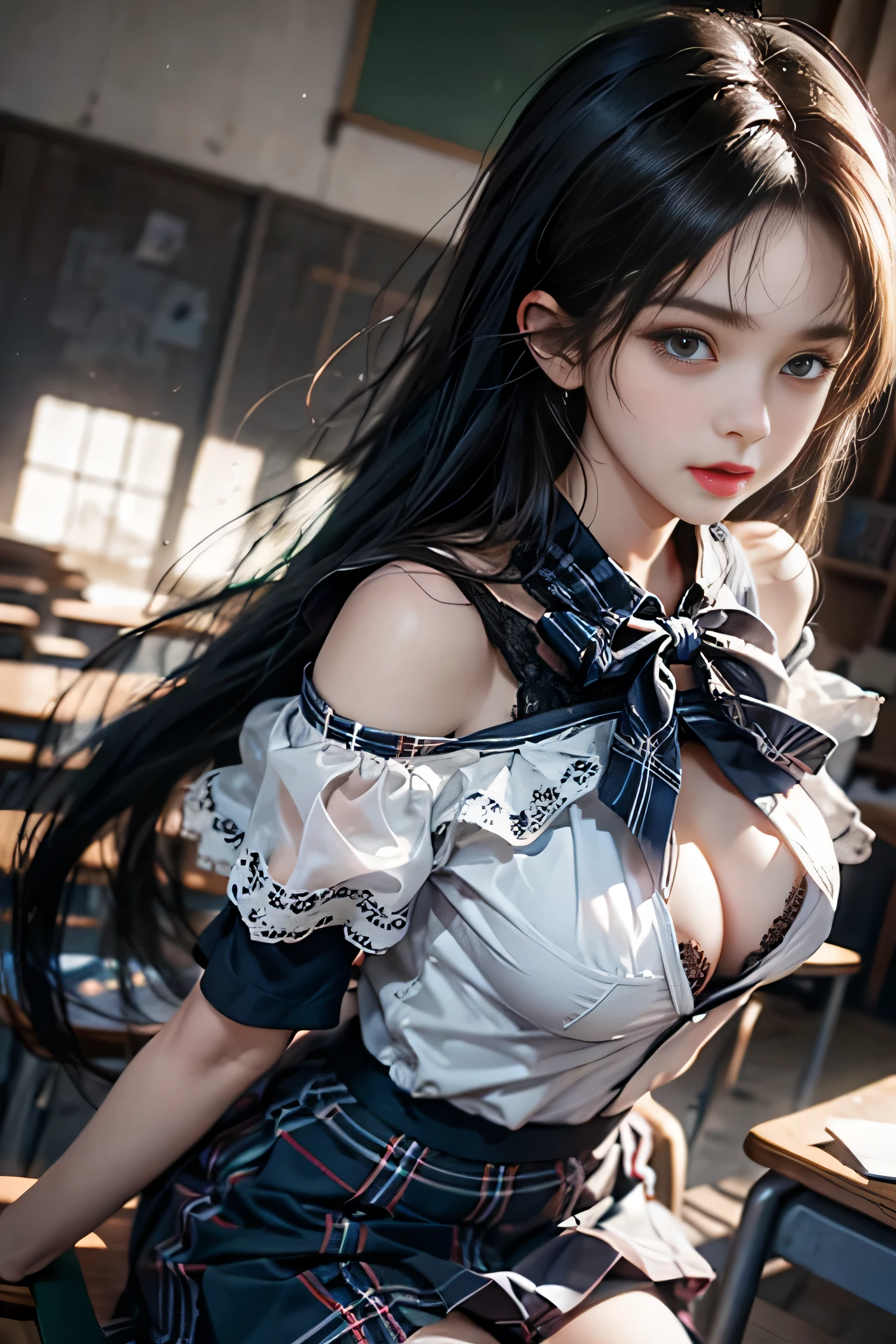 ( Female student standing in the classroom),Charming eyes,Heartwarming action,Turn your face away from the camera,stooped,Bend over,turn back,Look up at your head,thick and long black hair,Highly detailed body,Highly detailed face,best qualtiy、(P boobs iNK underwear),(High School Girls),((Off-the-shoulder白のブレザー、emblem on breasts))、(Off-the-shoulder(Translucent blouse)),,((navy check flare skirt)),(Black stockings)、((White lace underwear is visible))
