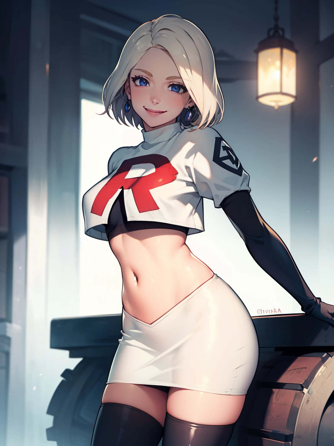 warMercedes, short hair ,glossy lips ,team rocket uniform, red letter R, white skirt,white crop top,black thigh-high boots, black elbow gloves, evil smile, looking at viewer, cowboy shot