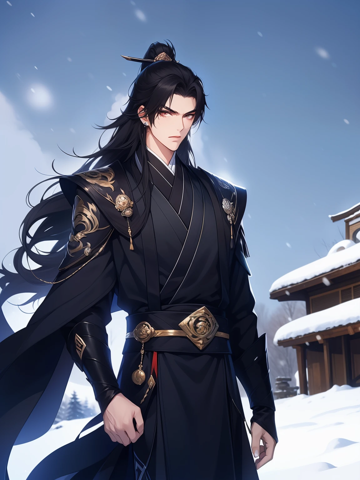 the only person,Libido boy,disheveled black hair , Orange eyes , purple martial arts uniform , Fighting posture,Snowy background , Snowy wasteland background, Martial arts costumes , 1male people , Complicated details , perfect generation , male people , musculous , poncho