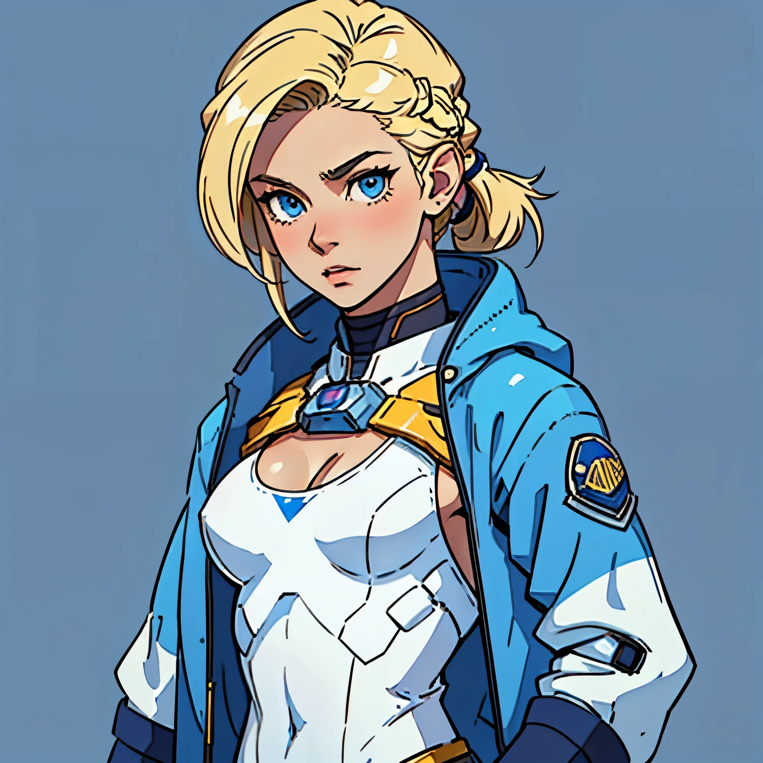 (blonde teenager), 18 years old, blue eyes, (short golden hair), (hair tied back), small breasts. She wears a white sci-fi suit with blue jacket, she wears cleavage on her blous, (simple background)