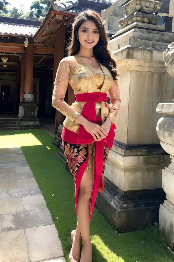 8k portrait of beautiful japanese girl, Adorned in a Kebaya Bali, the wearer embodies cultural grace. The intricate lace blouse, fitted to perfection, showcases delicate patterns that dance along the fabric. The vibrant kebaya is paired with a sarong, its vivid hues echoing the rich tapestry of Balinese traditions. Completing the ensemble, a bejeweled headdress rests elegantly, adding a touch of regality to the overall attire. background is balinese temple, this high-quality portrait image, shot by full-frame DSLR camera, Canon EOS 5D Mark IV, f/1.4L IS USM. kebaya_bali_white_kebaya_bali.