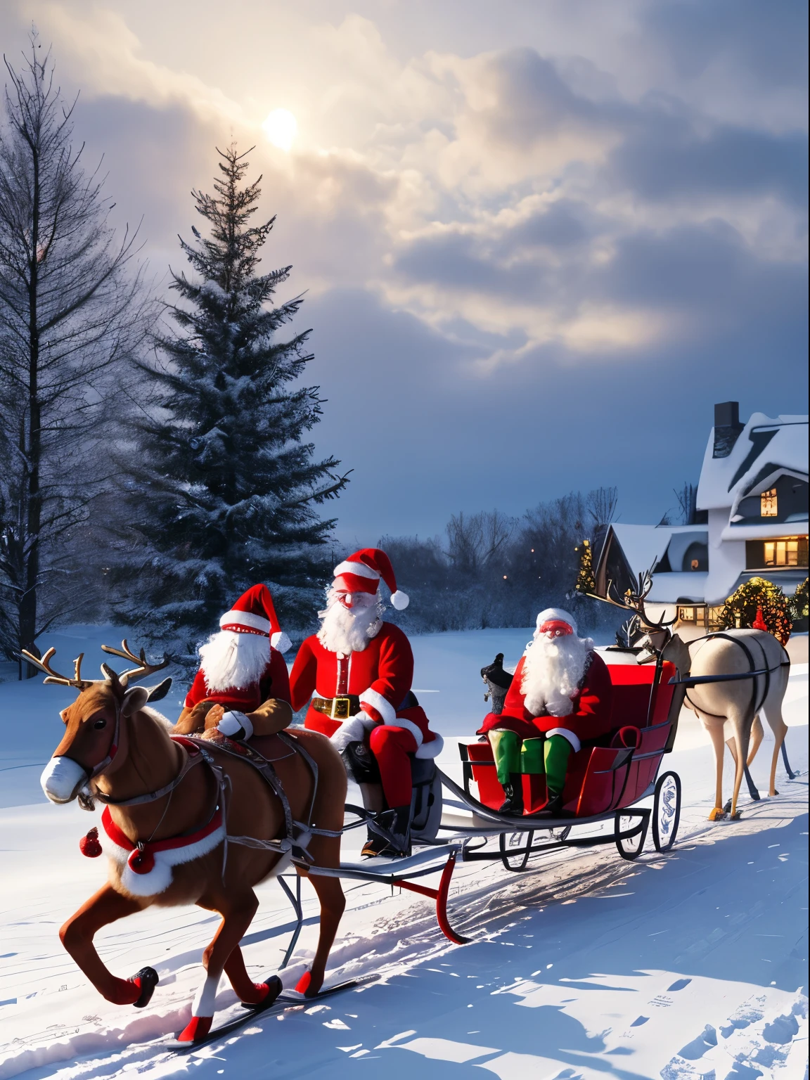 Christmas evening, santa claus, flying, reindeer sledge