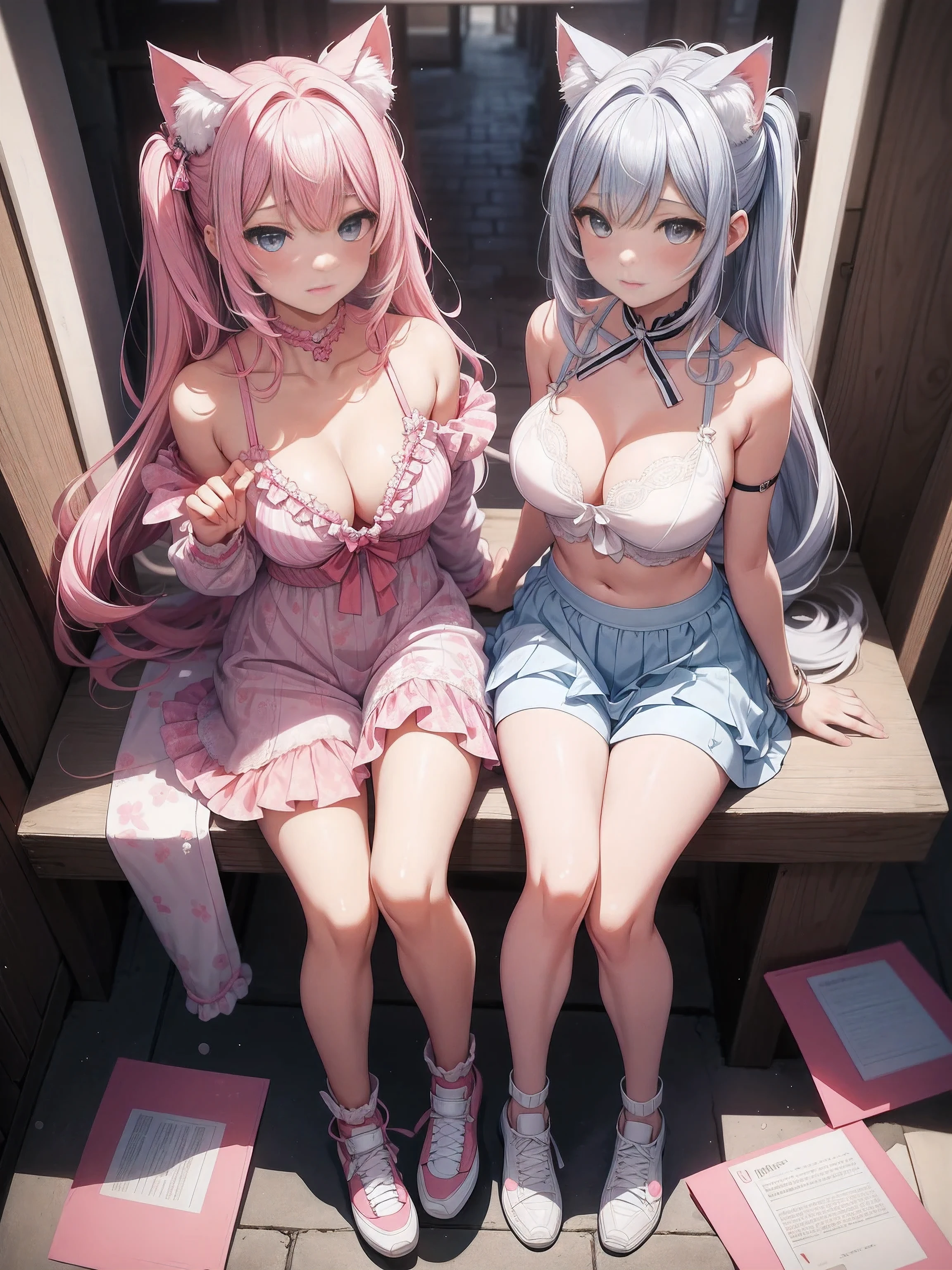 absurderes、ultra-detailliert、​masterpiece、top-quality、BREAK、Official art、（Beautifully Aesthetic：１.２）、（watercolor paiting：Curly）、BREAK、悪魔のようなa beauty girl、a beauty girl、（kawaii：⒈３）、、BREAK、colourful hair、Splash，（（（Twin-tailed hairstyle）））、（hair that mixes pink and silver：１.２）、(フラクタルアート1.３)、BREAK、Cat's ears、A sexy、BREAK、shoe、human - shaped、BREAK、a white bikini、BREAK、blue eyess、BREAK、From Side、Look at viewers、BREAK、Plush bets、BREAK、Shyness、tension、red blush、BREAK、Showa gravure、BREAK、Ideal style，（Pink shiny lingerie），Pearl White