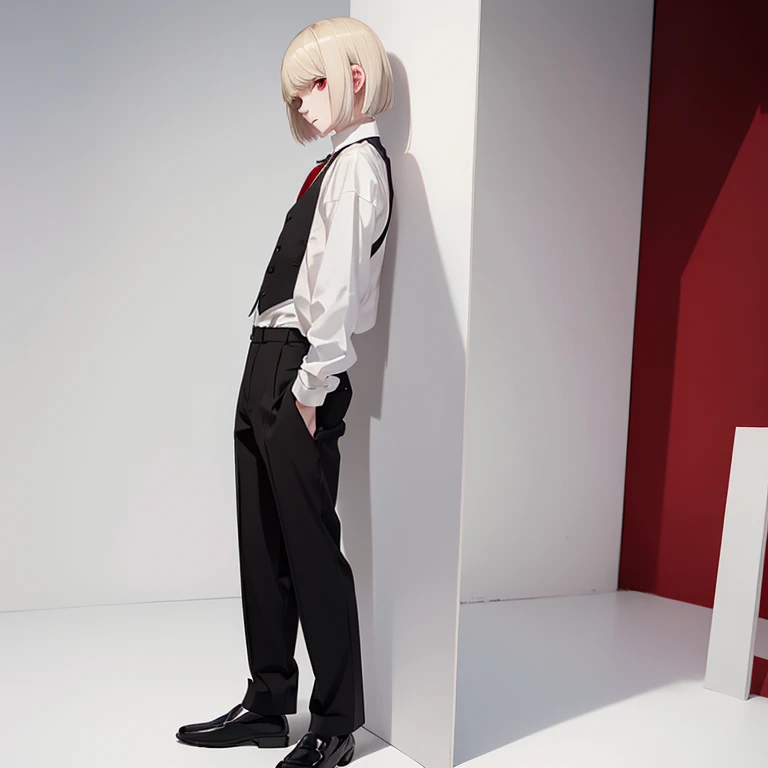 full body,(from back),standing,(White background),(solo  pale skin Boy),blond long bob cut,red eyes,(black vest),(white shirt),(black pants),(brown loafers),