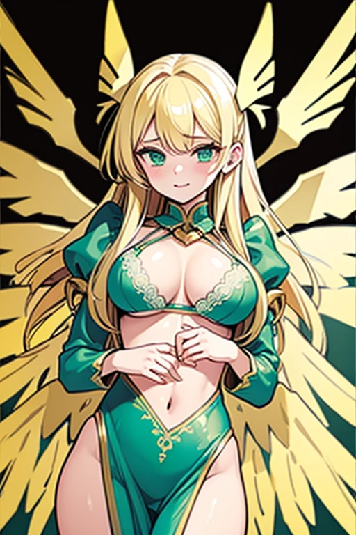 ((Best Quality)), ((Masterpiece)), (detailed), perfect faces, blonde hair, large breast, sexy, green bra, green lingerie, green underwear, cum in pussy, breast milk, angel wings