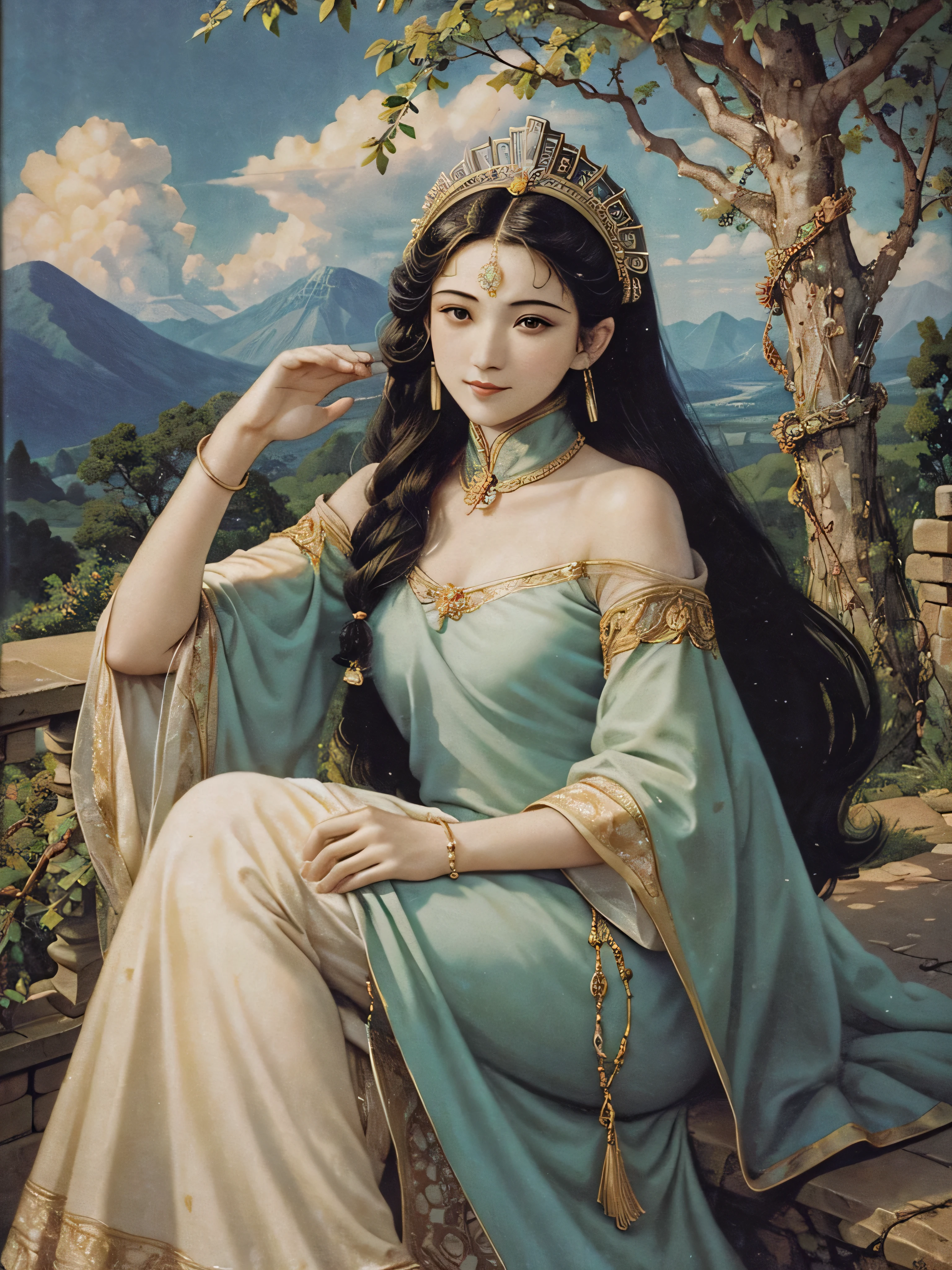 long hair girl bust，beautiful headdress，precious stones，Dignified and beautiful，That bird，The picture quality is beautiful，noble，Luxury，rosette，vines around，Remnants of ancient civilizations，that tree，magnificent mountains in the distance，​​clouds，mystical forest，middle ingredient，tmasterpiece，k hd，Best quality，