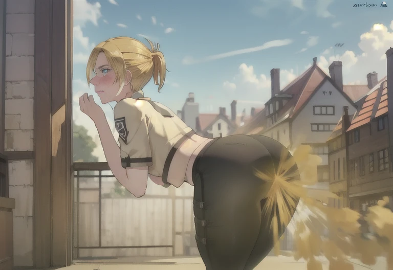 ((annie leonhart)),((velocity)),Attacked by farts, (((Women stand)),Embarrassed,velocity,((classic city)),((One Woman)),((fart while stand),her butt facing screen,fullbody,blue eye,detailed eyes,blushing)),(​masterpiece:1.2、top-quality)、(the Extremely Detailed CG Unity 8K Wallpapers、ultra-detailliert、Best Shadows)、(细致背景)、(The best lighting、extremely delicate and beautiful)、depth of fields、1girl in、独奏 ,Women wear  scout outfit,Ephemeral,,(blonde),(scout regiment outfit)),((((Girl  embarassed when she smells the bad smell of farts)))),outfit like a scout regiment,((((profile facing diagonally)),((massive fart))