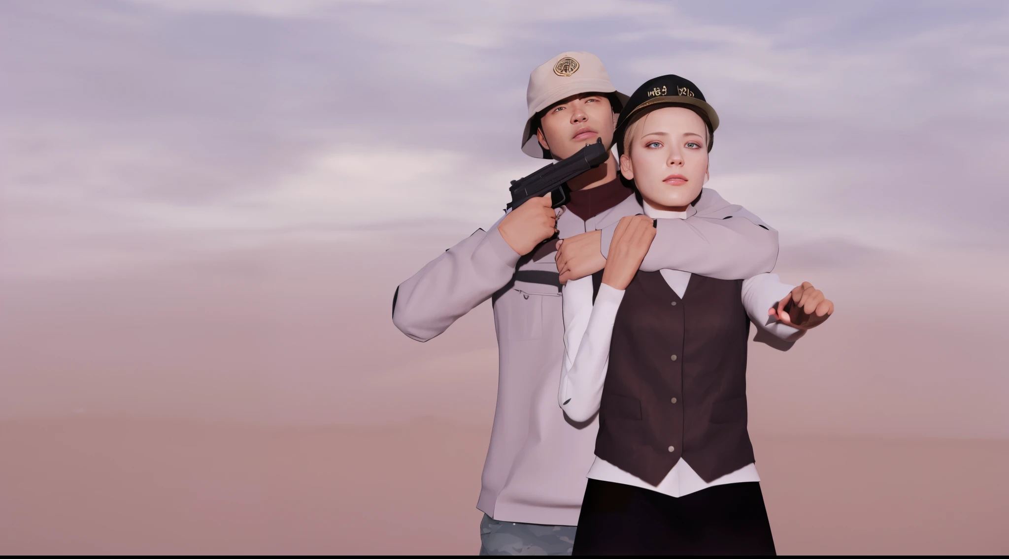 there is a man and woman dressed in military clothing holding guns, realistic shot, modeled in poser, ( ( 3 d render ) ), inspired by Jean Tabaud, realistic scene, videogame still, ( ( ( ( 3 d render ) ) ) ), high res render, medium shot of two characters, [ digital art, rendered in sfm, ! movie scene