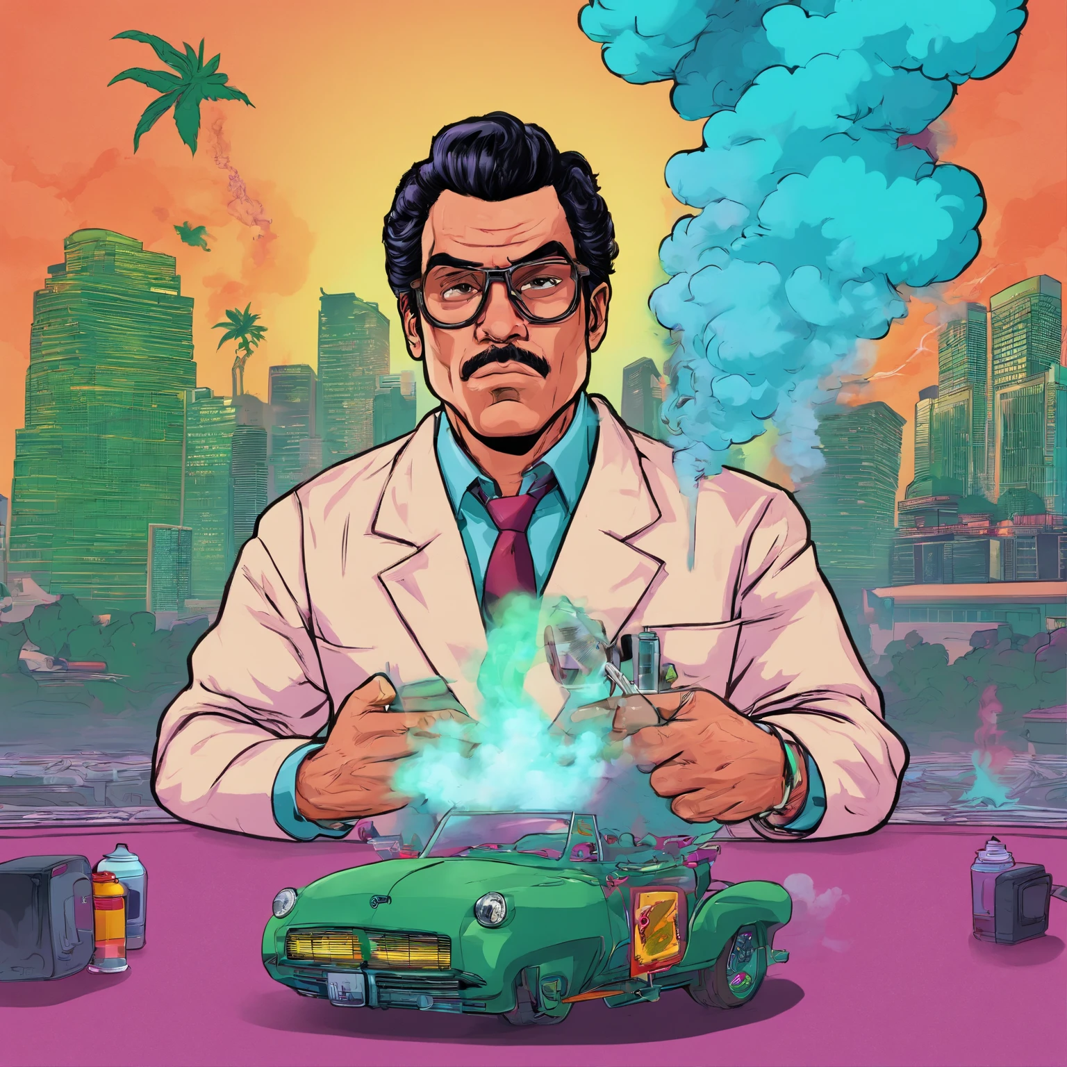 1man, Scientist, black hair, smoke, marihuana, cartoon, funny, trippy, color full