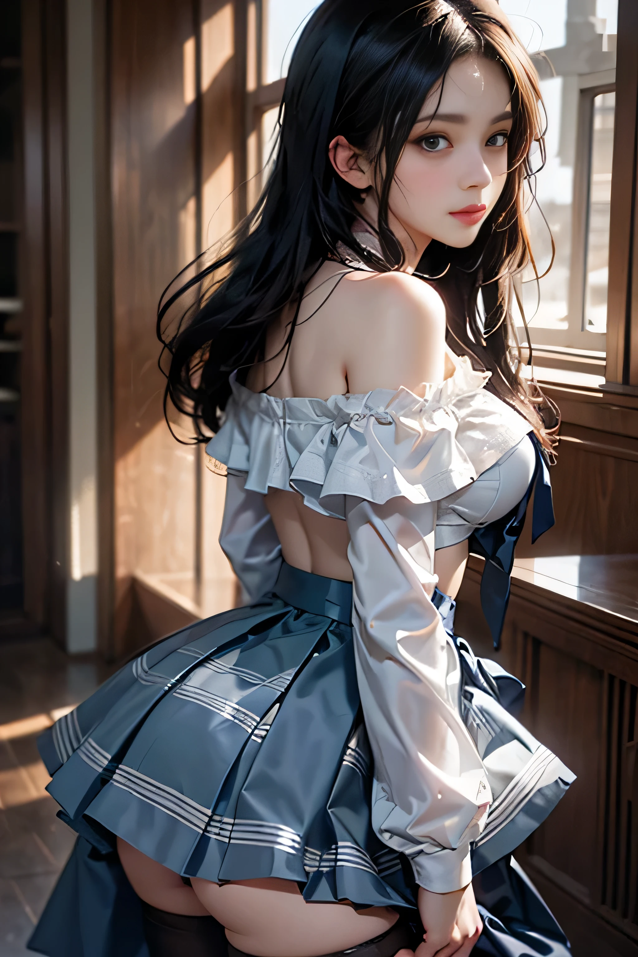 ( Female student standing in the classroom)，Charming eyes，Heartwarming action，Turn your face away from the camera，stooped，Bend over，turn back，Look up at your head，thick and long black hair，Highly detailed body，Highly detailed face，best qualtiy、(P boobs iNK underwear),(High School Girls),((Off-the-shoulder白のブレザー、emblem on breasts))、(Off-the-shoulder(Translucent blouse)),,((navy check flare skirt)),(Black stockings)、((White lace underwear is visible))