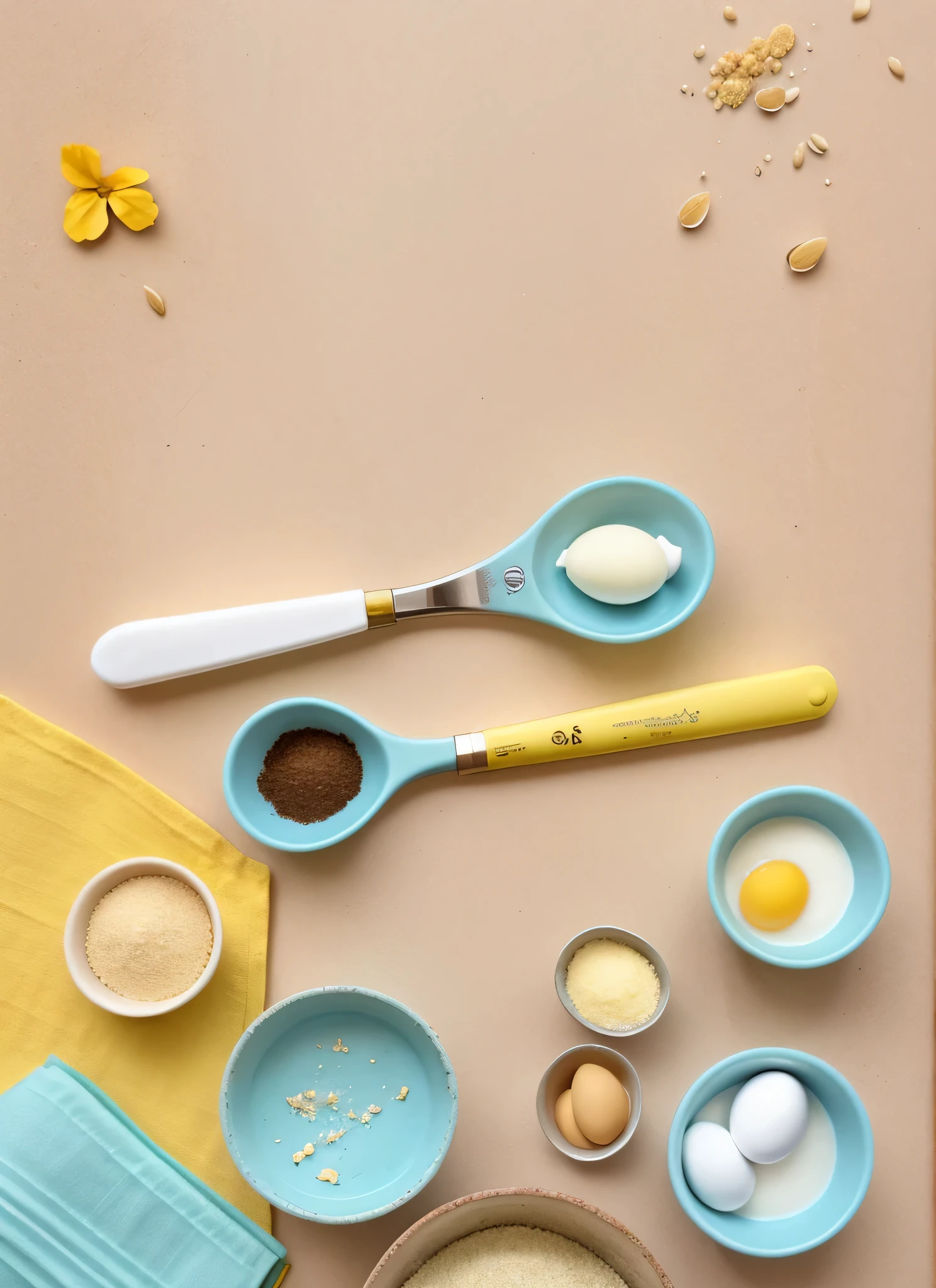 There are eggs, Farinha, butter, Sugar sugar, and the food on the table, product introduction photos, high high quality, trowel, , Using the, spooning, Half and half, Art Mista, 2 colours, 2 colours, Product design shooting, delicious, eco, professional product photo, Super quality, spooning placed, advertisement picture, fluffy