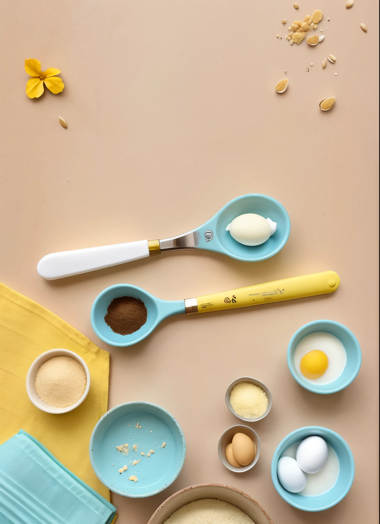 There are eggs, farinha, butter, Sugar Candy, and ingredients on the table, product introduction photos, high high quality, trowel, , to use, spooning, Half and half, arte mista, 2 colours, 2 colours, Product design shooting, Tasty, eco, professional product photo, Super quality, spooning placed, advertisement picture, fluffly
