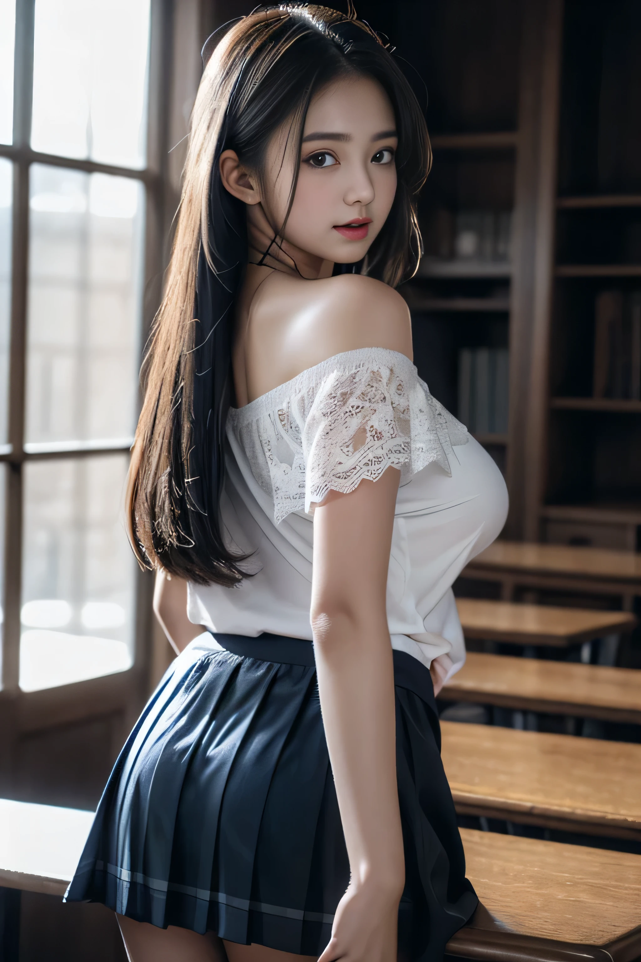 ( Female student standing in the classroom),Charming eyes,Heartwarming action,Turn your face away from the camera,stooped,Bend over,turn back,Look up at your head,thick and long black hair,Highly detailed body,Highly detailed face,best qualtiy、(P boobs iNK underwear),(High School Girls),((Off-the-shoulder白のブレザー、emblem on breasts))、(Off-the-shoulder(Translucent blouse)),,((navy check flare skirt)),(Black stockings)、((White lace underwear is visible))