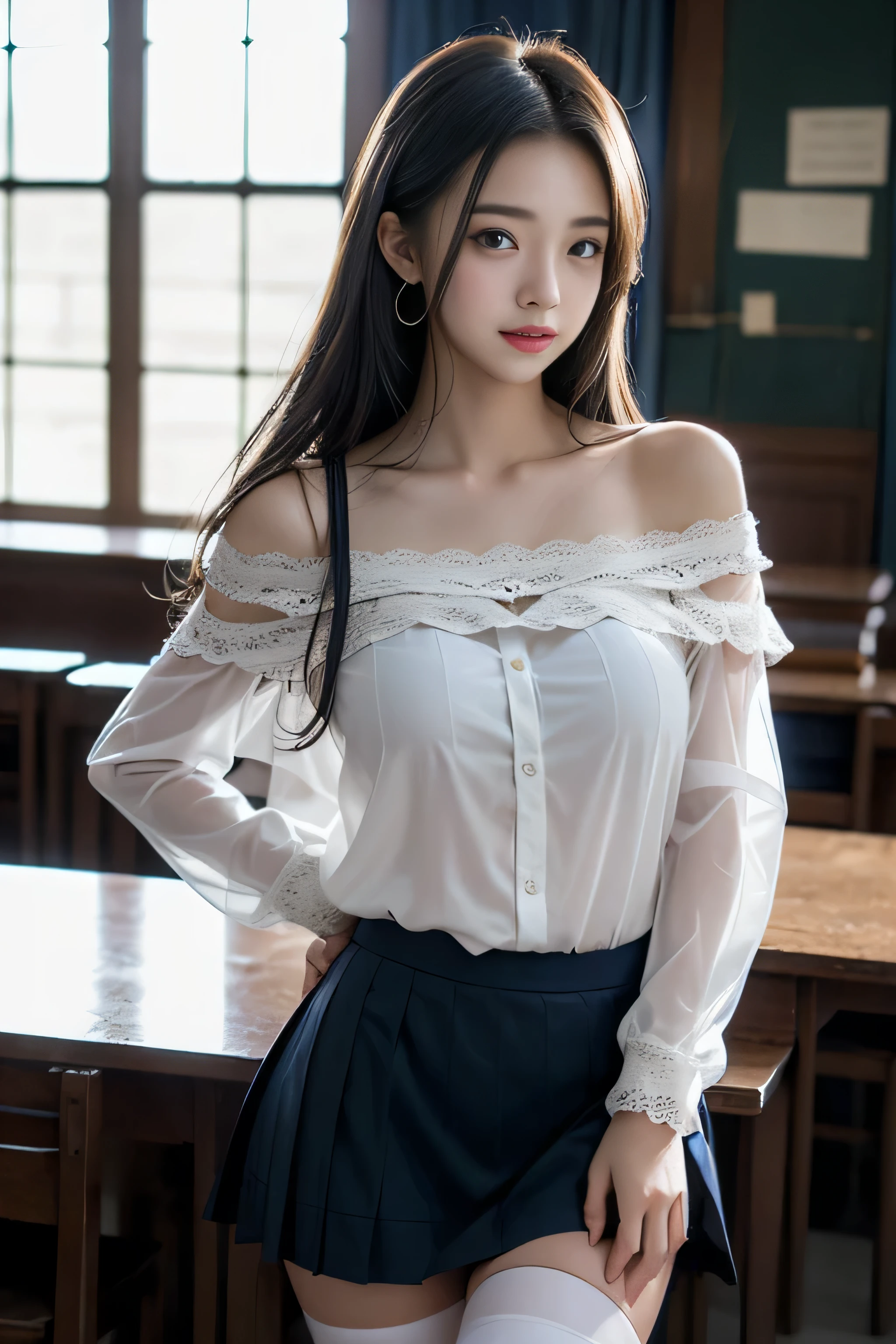 ( Female student standing in the classroom)，Charming eyes，Heartwarming action，Turn your face away from the camera，stooped，Bend over，turn back，Look up at your head，thick and long black hair，Highly detailed body，Highly detailed face，best qualtiy、(P boobs iNK underwear),(High School Girls),((Off-the-shoulder白のブレザー、emblem on breasts))、(Off-the-shoulder(Translucent blouse)),,((navy check flare skirt)),(Black stockings)、((White lace underwear is visible))