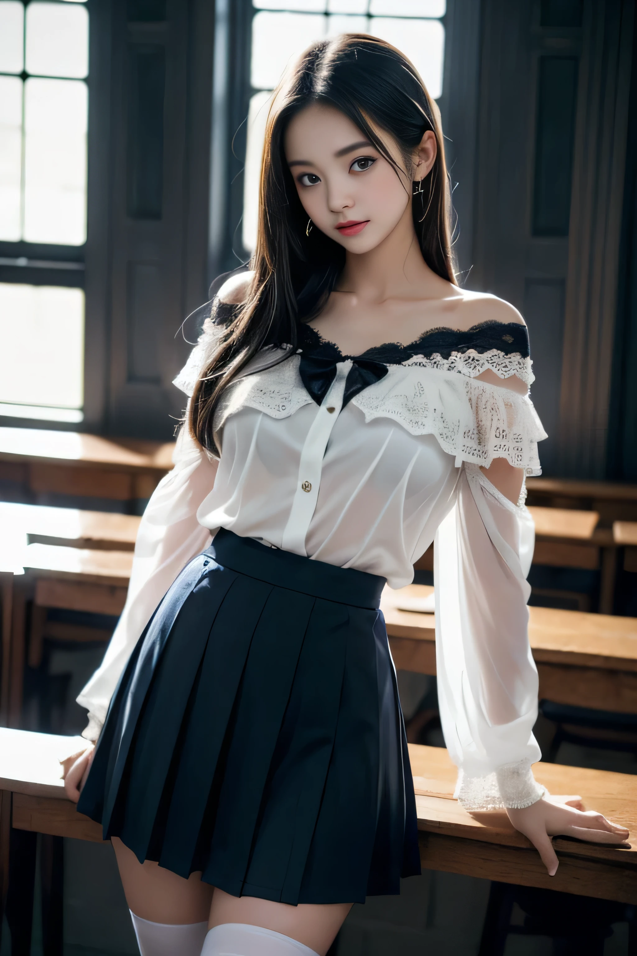 ( Female student standing in the classroom),Charming eyes,Heartwarming action,Turn your face away from the camera,stooped,Bend over,turn back,Look up at your head,thick and long black hair,Highly detailed body,Highly detailed face,best qualtiy、(P boobs iNK underwear),(High School Girls),((Off-the-shoulder白のブレザー、emblem on breasts))、(Off-the-shoulder(Translucent blouse)),,((navy check flare skirt)),(Black stockings)、((White lace underwear is visible))