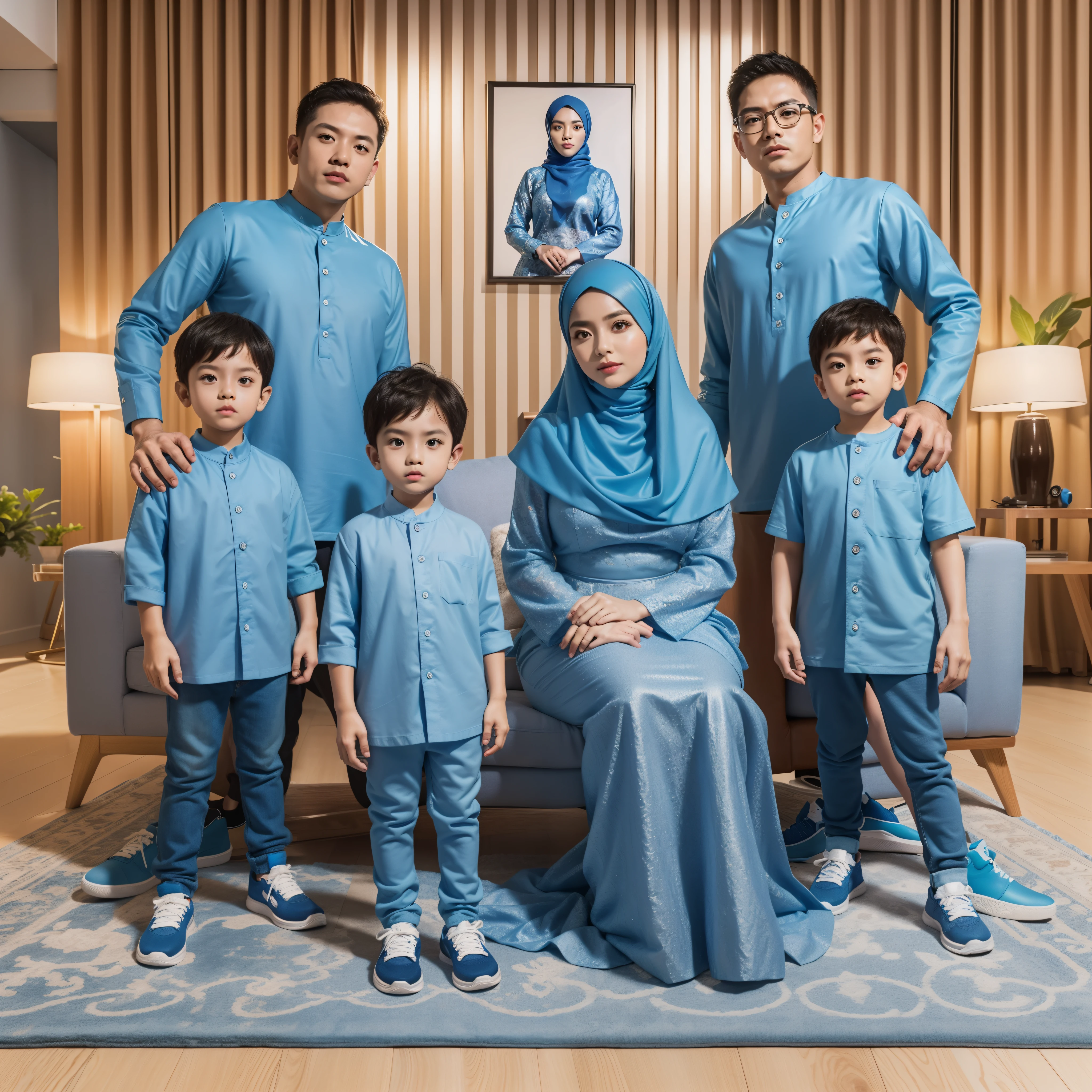 making a realistic 3D original photo, father's family wearing blue t-shirts and sneakers, mother wearing blue hijab kebaya, 2 boys wearing blue t-shirts and sneakers, facing the camera, luxury modern wedding background, 4D, realistic, real, close up photography