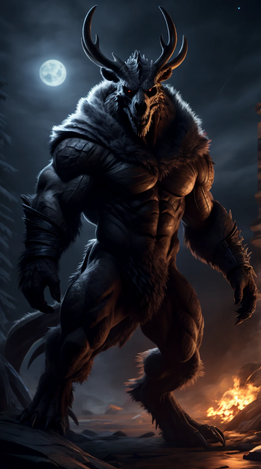 monster, furry body, scales on abs, majestic fur mantle, sharp dragon teeth, wendigo skull, elk horns, giant, bear body, threatening, stands menacingly, full body, raptor like legs, proporcional muscular arms, big reptile tail muscular, illustration, (best quality, 4k, highres, masterpiece:1.2), ultra-detailed, realistic, horror, sharp focus, vivid colors, nighttime lighting