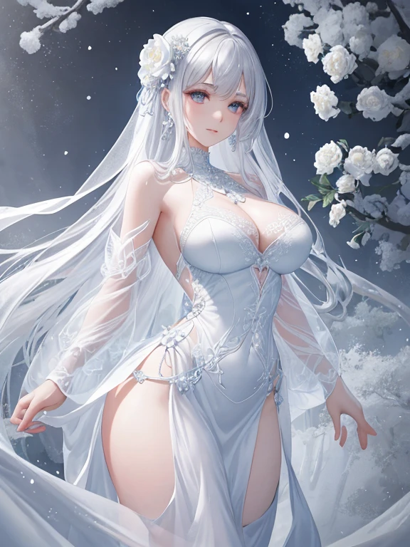 scenecy, Paradise in Heaven, White lighting,(masutepiece), (Best Quality), (Cinematic), 8K, (art  stations), Li Yue painting style.(長い白い髪とSilvery eyesを持つ1人の女), (Beautiful delicate face)、[ Particle Lou Full Moon] [Frozen trees々] [landscape crystal] [Lighting] [Ethereal Atmosphere]:1.1] [Fantasy, short story] [soft Lighting] [+Cinematic shot]:1.2 [+art  stations] [+luminous white background] [+soft Lighting] [soft glow] [Creative and dynamic angles]:1.3, [+Crystal Toning] 、masutepiece, ighly detailed, Ultra-detailed, Solo, (pale skin), Silvery eyes, Frosty white hair, (snowy background), (snowflake rosen flower:1.0), (shining crystal),, (Snowy ground), (Icy breath), (White lashes), Female sexy、dreamy and detailed, Gorgeous setting, 妖しい雰囲気 masutepiece, The most beautiful scenes, An majestic、(((full of white flowers)))、quiet and serene atmosphere、A charming, The nipple is visible、a stunning young ethereal figure, all white tones,Inside the crystal library,Transparent flowers and falling snow，Many white roses are planted,(flowingwater,falls,water bloom),The decoration is also carefully done.,Dreamy（ighly detailedです，Creative Design，crisp and precise lines，K HD，best qualtiy，tmasterpiece，超hight resolution，4K）、Diverse poses、((beautiful white flower hair ornament))、beautiful hairl型、(Best Quality, 4K, 8K, hight resolution, masutepiece:1.2), Ultra-detailed, Detailed expression, Graceful posture, dreamy ambiance, expressive brush strokes, mystic atmosphere, artistic interpretation,beautiful hairl，Delicate floral jewelry， (((Transparent dress with intricate and beautiful lacework)))、(SFW:1.5), (Oversized breasts, best body proportions, proportions of large breasts,:1.5),