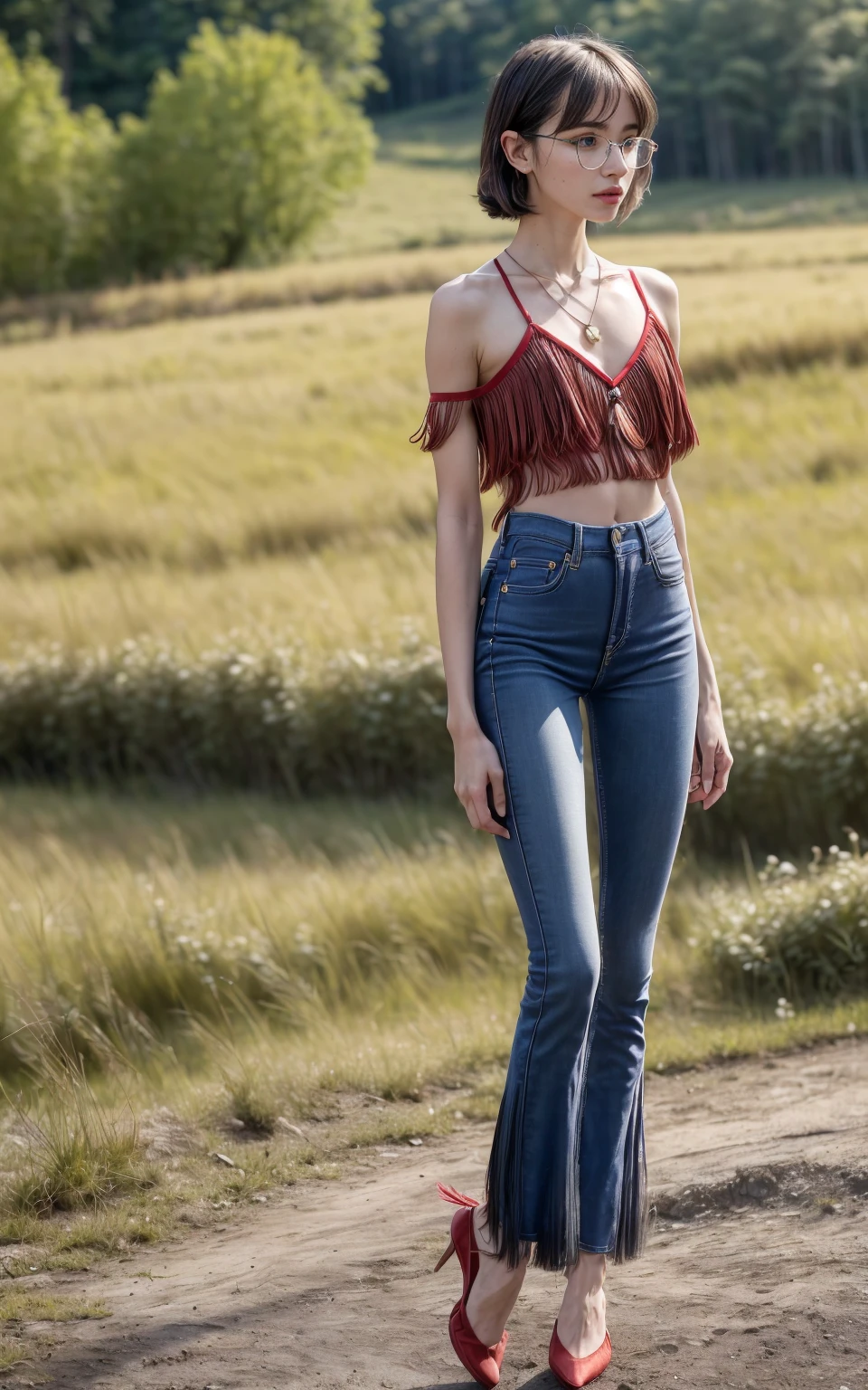 (8K, Masterpiece, RAW photo, Best quality, detail:1.3), (ultra realistic Natural background, scenary:1.5), Depth of field, Cinematic light, (ultra realistic face), (1 picture of 1 solo girl Airim Jones:1.6), 1girl, (Beautiful and elegant Russian girl), (skinny girl with glasses), (European face:1.3), (perfect complete full body:1.6), (full body shot including shoes:1.6), (perfect [frontal view|side profile|back profile]:1.5), (small necklace, collarbone:1.1), ( [bangs|pigtails|bob|pixie] hair:1.5), (ultra detailed skin:1.4), (sexy red minitop:1.5), (soft fabric miniTop:1.5), (Fringed Hem Jeans:1.6), (perfect standing pose:1.5), (perfect long legs:1.4), (low rise jeans:1.5), (low waisted jeans:1.5)