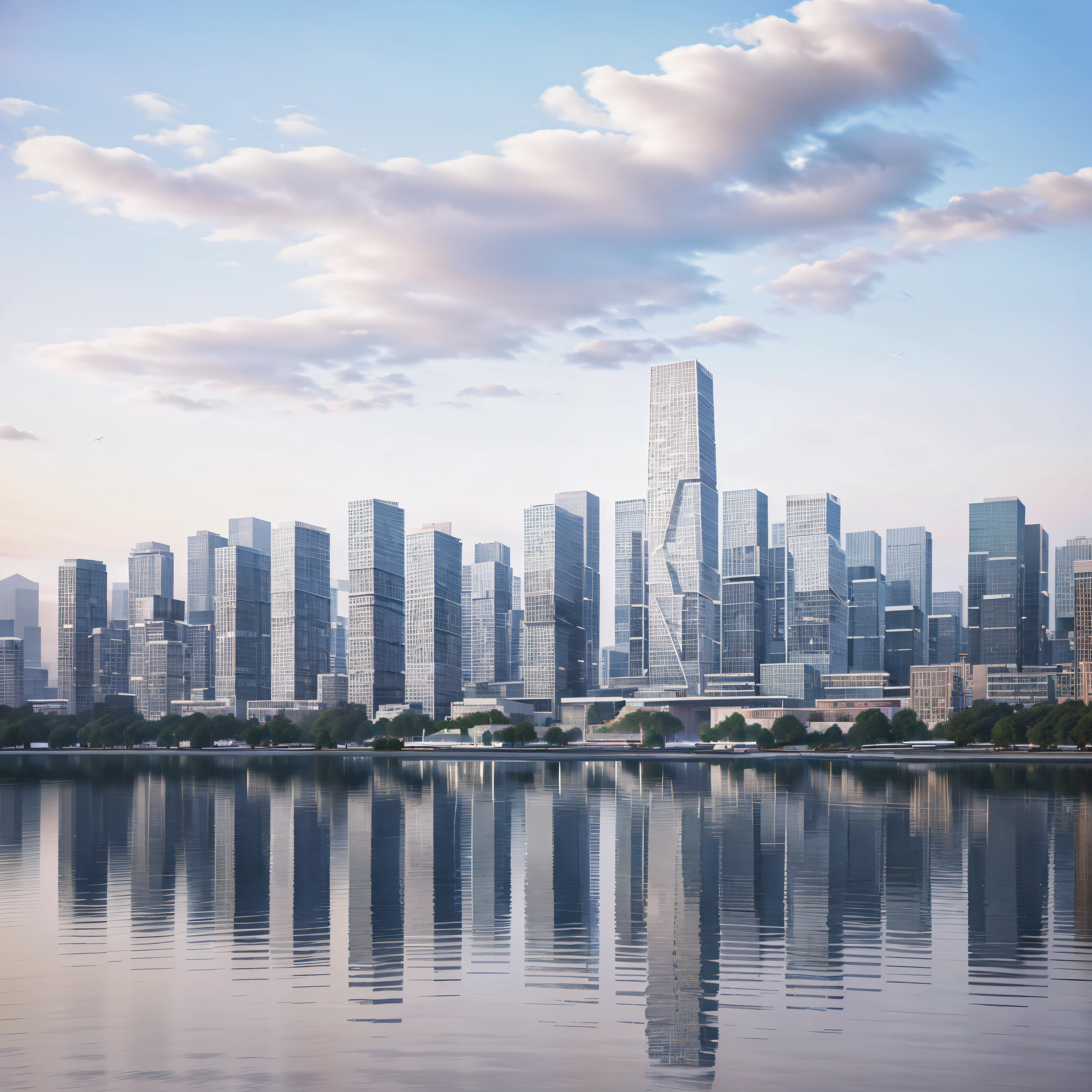 City skyline illustration，Lake in front, beautiful cityscape, Ultra wide view city landscape, Tall structures, beautiful cityscape background, Tall structures, HDbackground, There are tall glass skyscrapers, Both sides are high-rise buildings, city dusk landscape, Huge modern downtown city, Modern city background, modern city scape, Tall structures