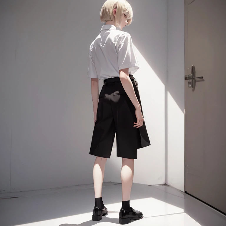 full body,(from back),standing,(White background),(solo pale skin Boy),blond long bob cut,red eyes,(black vest),(white shirt),(black pants),(brown loafers),